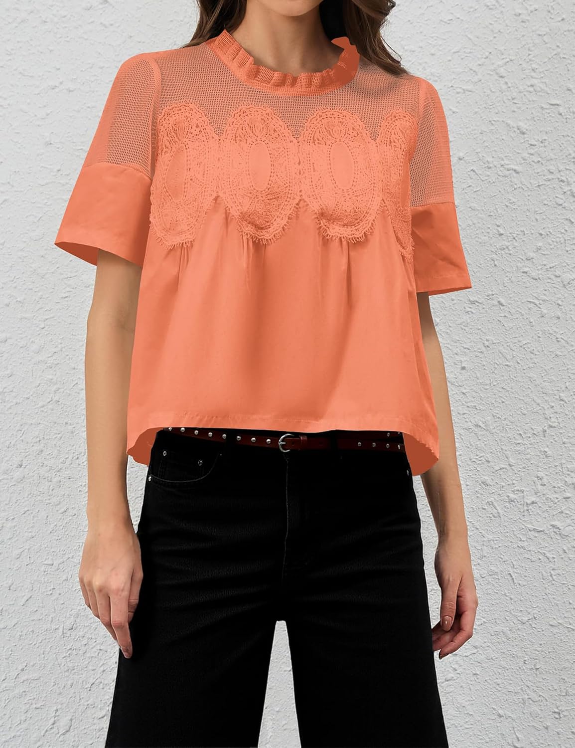 Women’s Lace Flared Short Sleeve Blouse Lace Poplin Ruffle Mesh Crew Neck Swing Babydoll Tops Elegant Loose Shirts