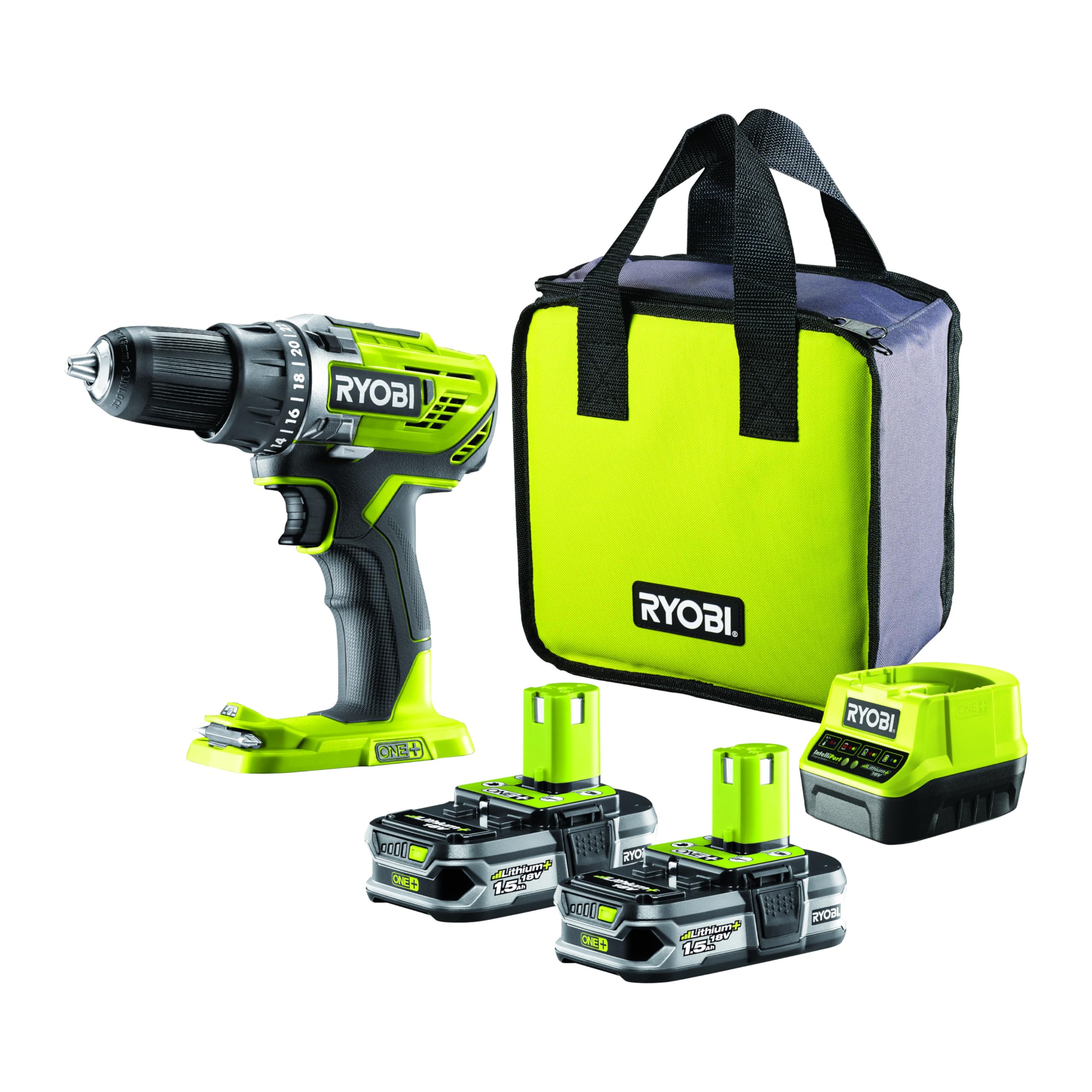 Ryobi R18DD3-215S Trapano Avvitatore a Batteria 18V ONE+, Include Due Batterie da 1.5Ah, 2 Velocità di Lavorazione, 24 Regolazioni di Frizione, Mandrino Autoserrante da 13mm