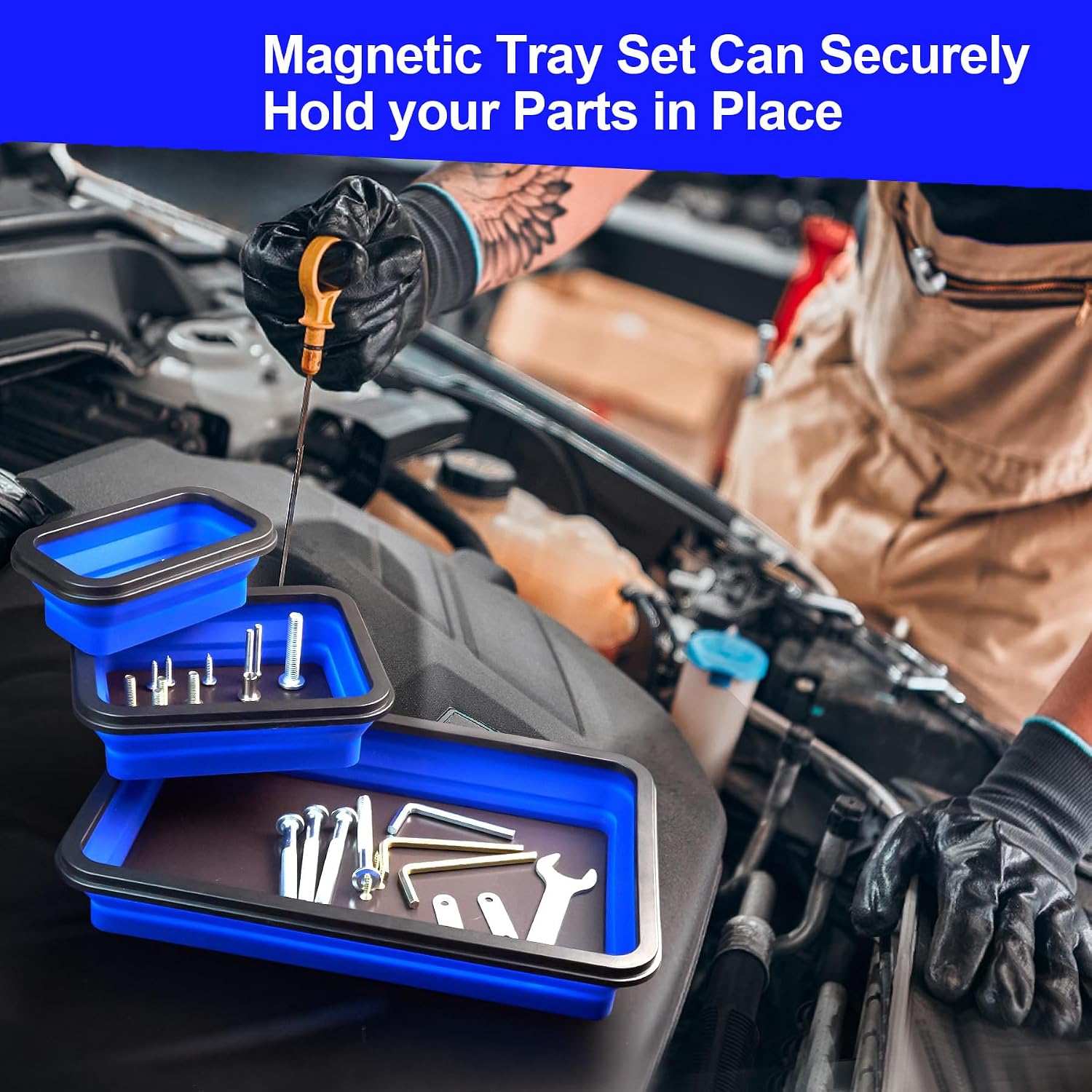 Unifizz Collapsible Magnetic Parts Tray Set - Foldable Magnetic Tray - 3 Pieces Square Silicone Bowls with Magnetic Base - Stores and Organizes Small Parts and Tools