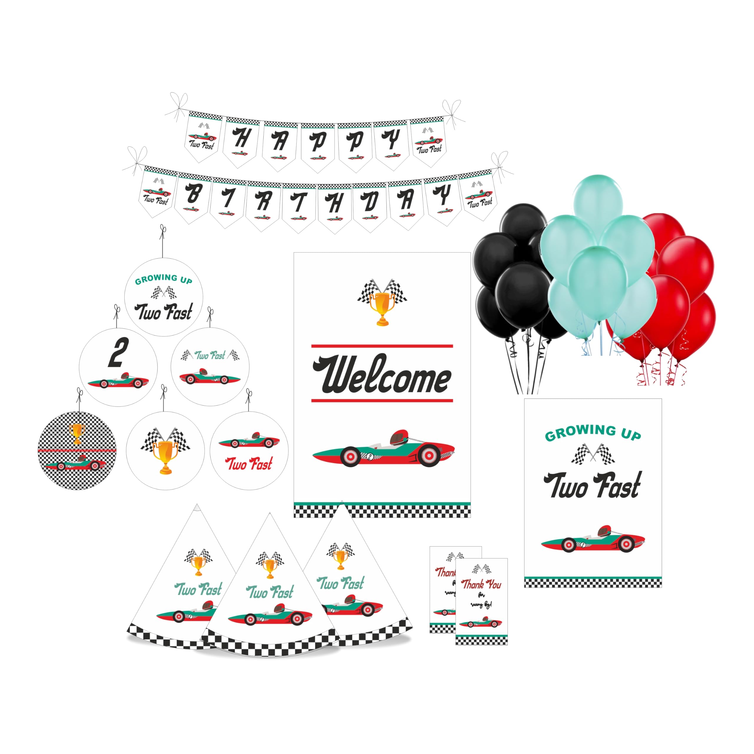PRETTY UR PARTY Two fast Party decorations Kit - 80 pcs include Bunting, balloons, thank you, centerpiece, danglers, Caps, Race car Party Supplies, 2nd Birthday Decor, DIY Décor for Kids, Boys