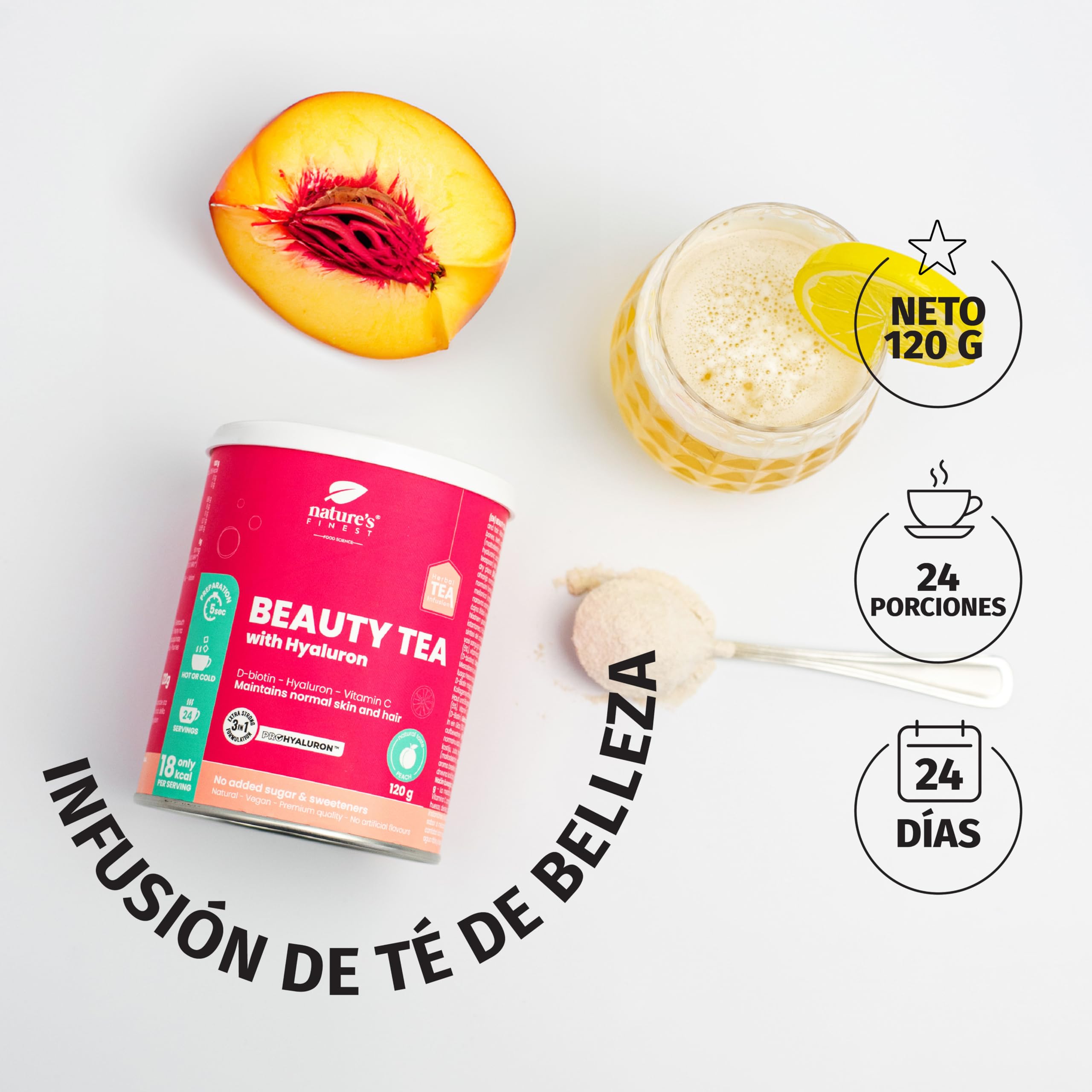 Nature's Finest Beauty Tea, Té Instantáneo 600 g (Paquete de 5) | té instantáneo con ácido hialurónico, biotina y vitamina C - sabor melocotón - sin edulcorantes - se disuelve en agua tibia