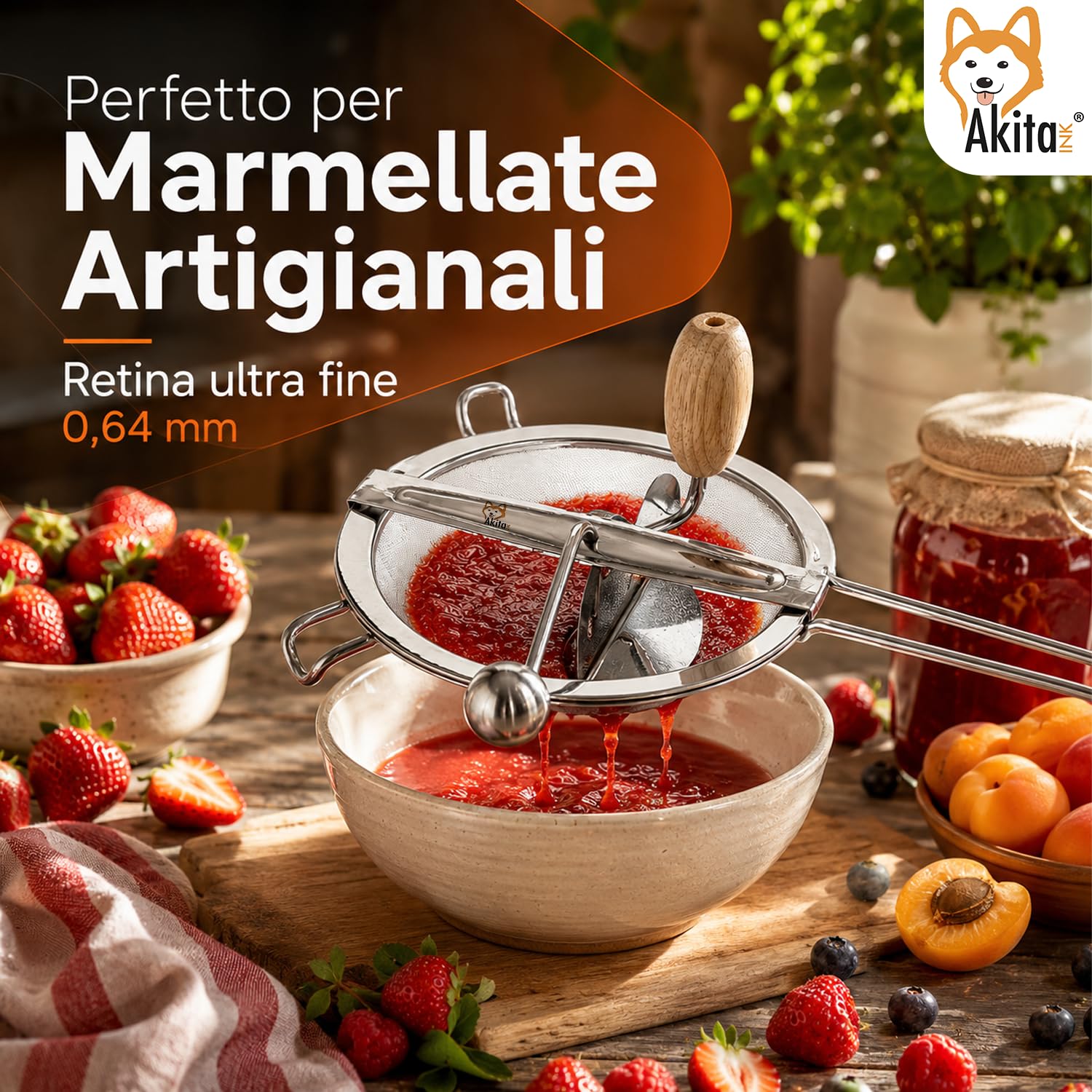 Akitaink Passacolino 20 cm con Retina 0,64 mm, Setaccio Manuale per Marmellate, Farina, Verdure, Frutta e Legumi
