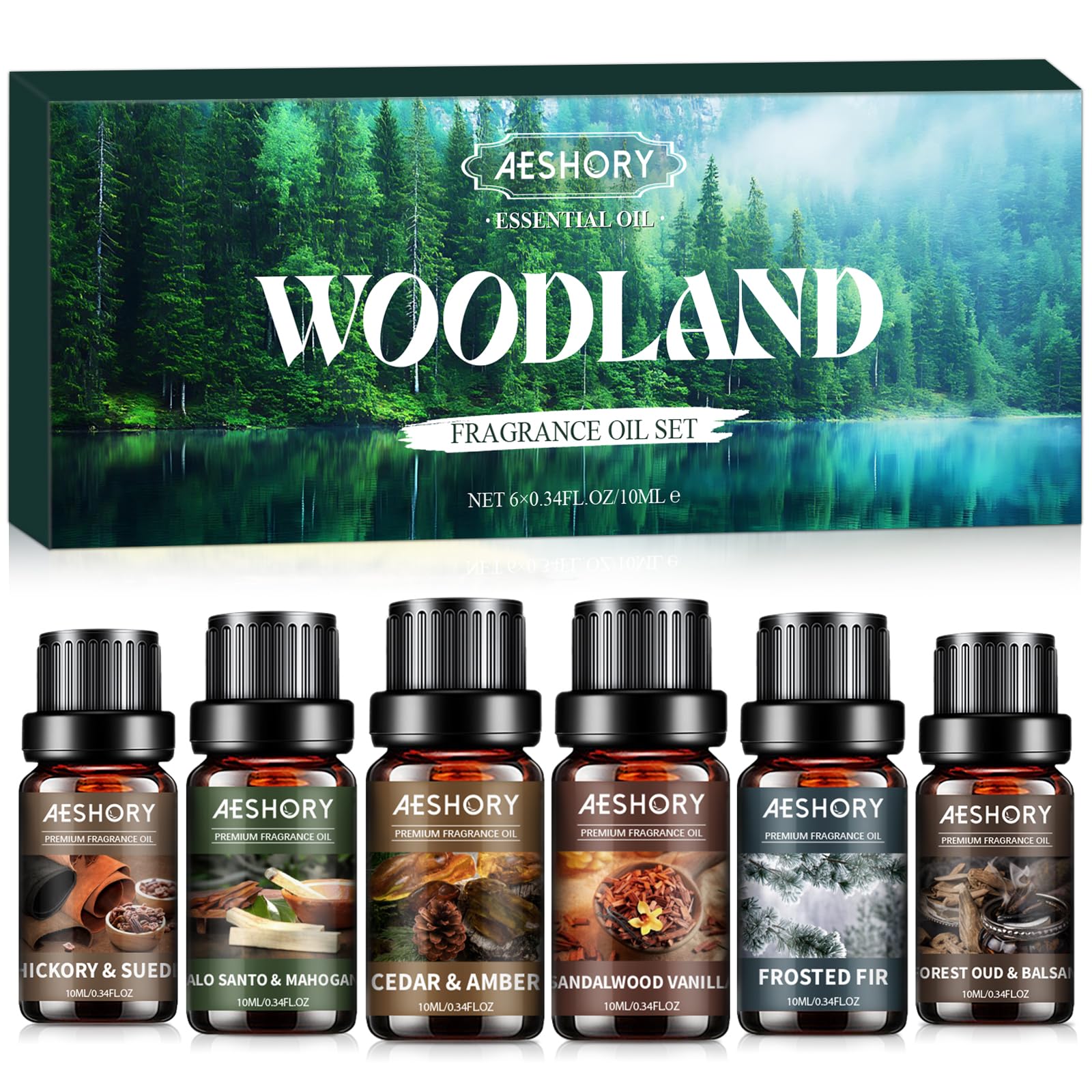 AESHORY Bosque Aceites Esenciales Aromaterapia para Humidificador 6 x 10ML, Set de Aceite de Fragancia Woodland Natural - Nogal & Gamuza, Vainilla Sándalo, Cedro & Ámbar, Oud & Bálsamo del Bosque