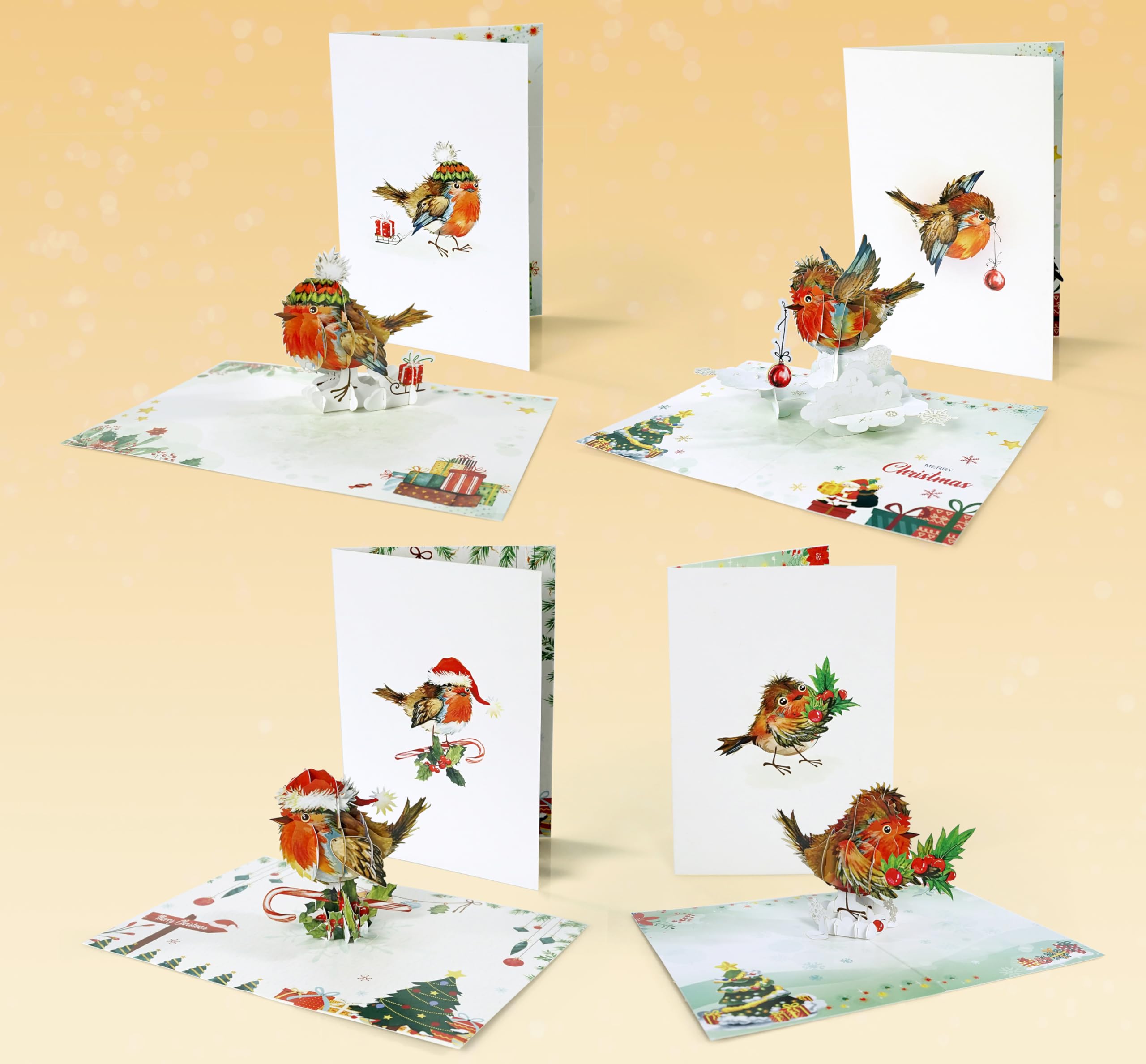 CUTPOPUP Pack 4 Robin Merry Christmas Cards 2025, Pop Up Christmas Cards w Envelope, 3D Xmas Card - Image 2