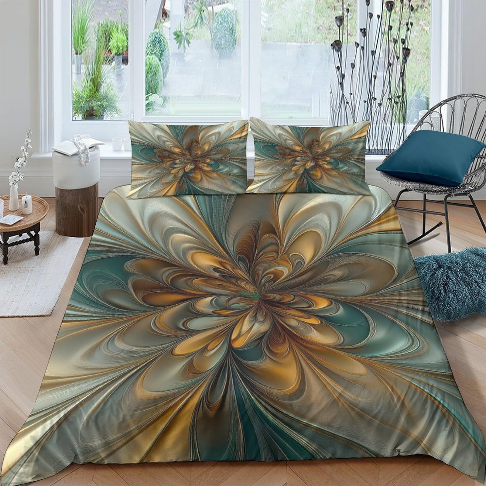 Ctjqhvkz Style-4 3D Printed Golden Floral Fitted Sheet Microfiber Soft Decorative Teal Swirl Mattress Cover For Bedroom Guest Room Dorm Single（135X200cm）