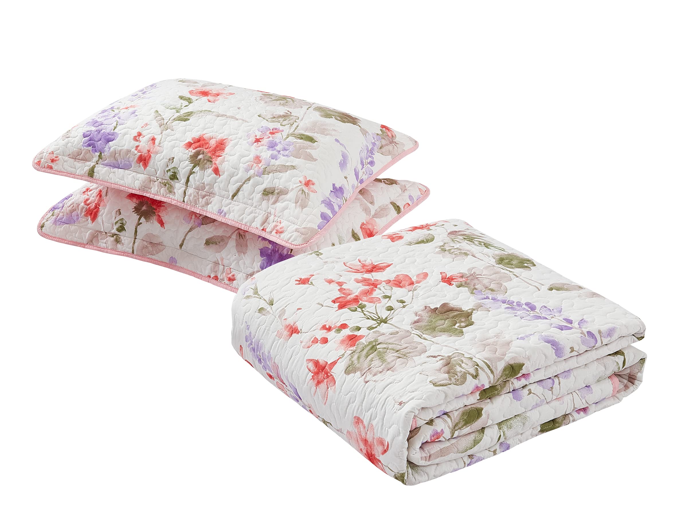 All American Collection 3 PC Floral Printed Coral and Beige Reversible Bedspread Quilt Set Coverlet and Pillow Sham Set Full / Queen Size, Coral & Beige