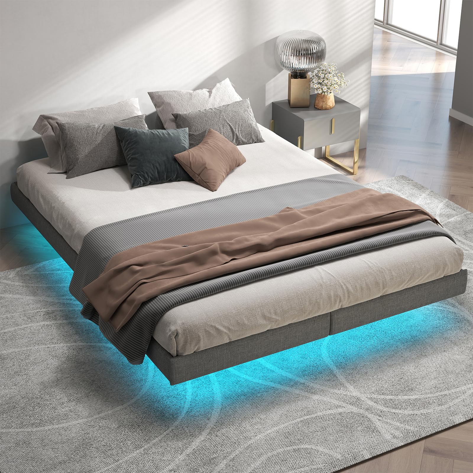 High King Floating Bed Frame King Size with LED Lights, Heavy Duty Metal Slats Support, No Box Spring Needed/Easy to Assemble/Noise-Free/Large Under Bed Storage/Grey Fabric
