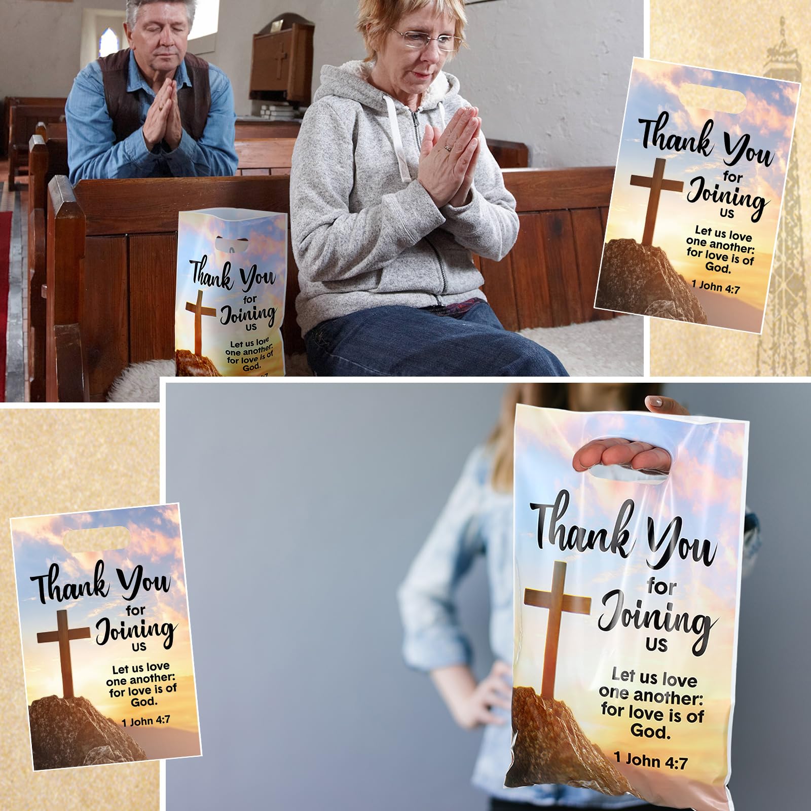Panelee 50 Pcs Welcome to Our Church Bags Religious Plastic Brochure Church Gift Christian Cross Goody Treat Bags with Handles for Vbs Party Supplies Party Favor Decoration