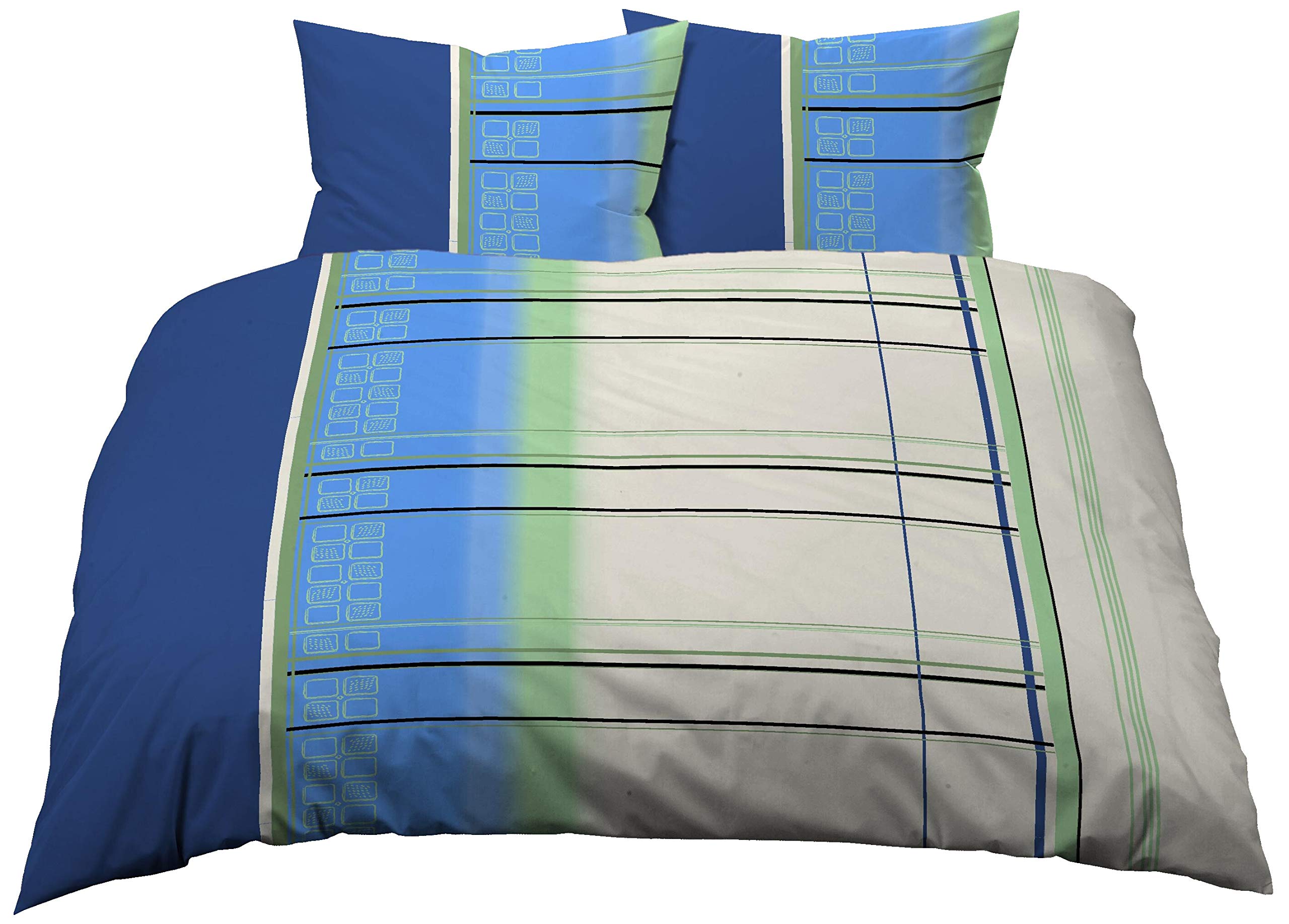 3 TLG. Bettwäsche 200x200 cm + 70x90 cm, Baumwolle Satin, Kariert Blau Beige Grün