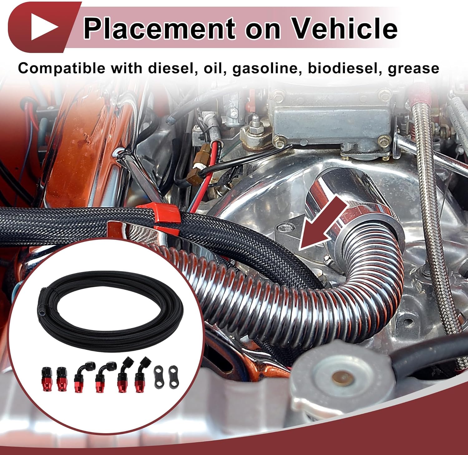 AN8 Fuel Line Kit 25.09ft Vacuum Hose Automotive Fuel Hose with Black Adapter Pipe Clamp 1 Set