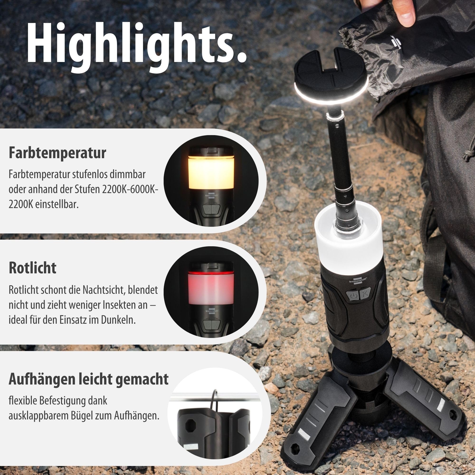 Brennenstuhl Akku LED Outdoor Lampe UL 400 AT | Campinglampe 400lm, IP44, bis zu 24h Leuchtdauer, dimmbar, Farbtemperatur einstellbar, ausziehbar bis 1,03m, Powerbank