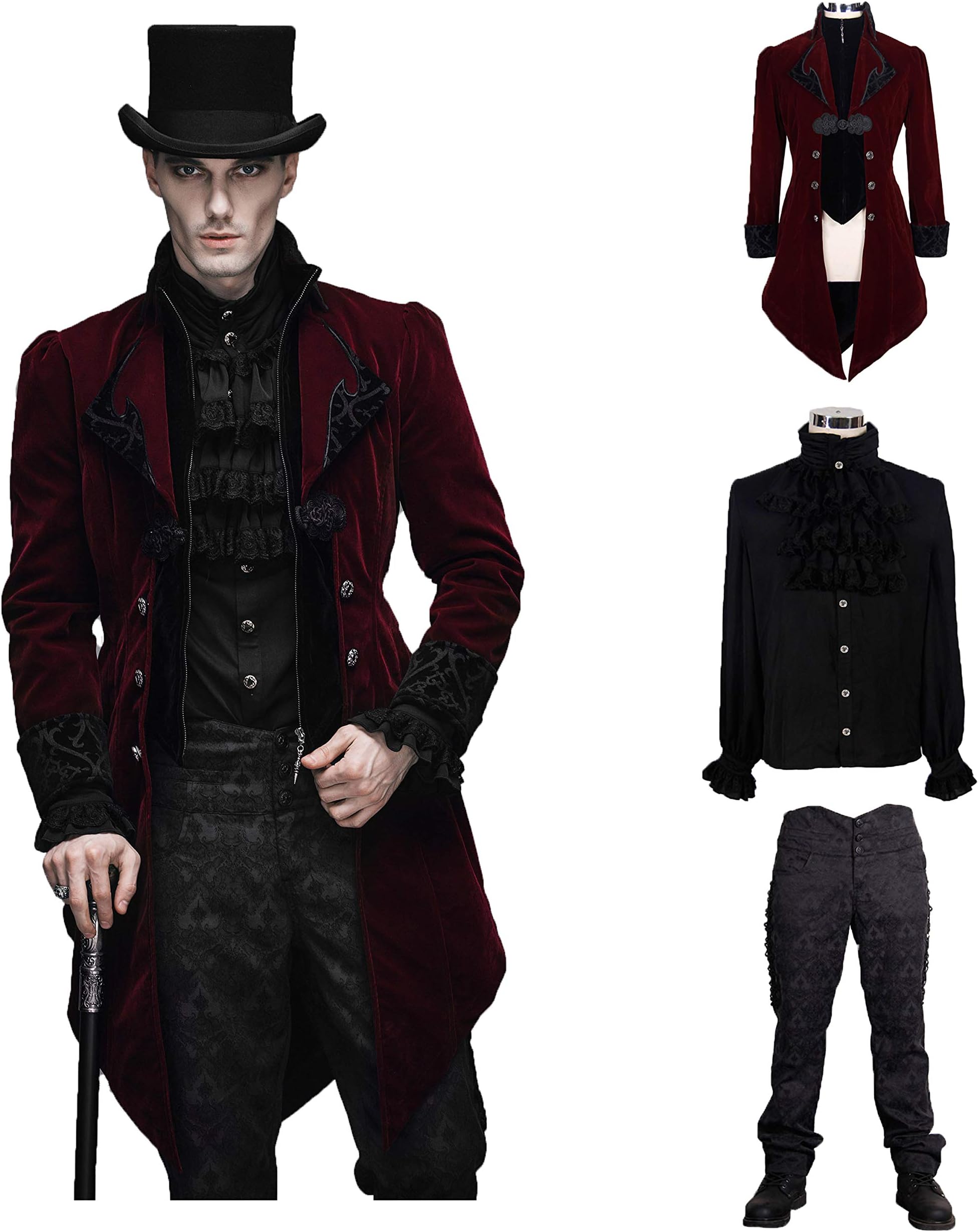 Devil Fashion Men Victorian Gothic Vintage 3-Piece Suit Tailcoat Shirts Pants Set