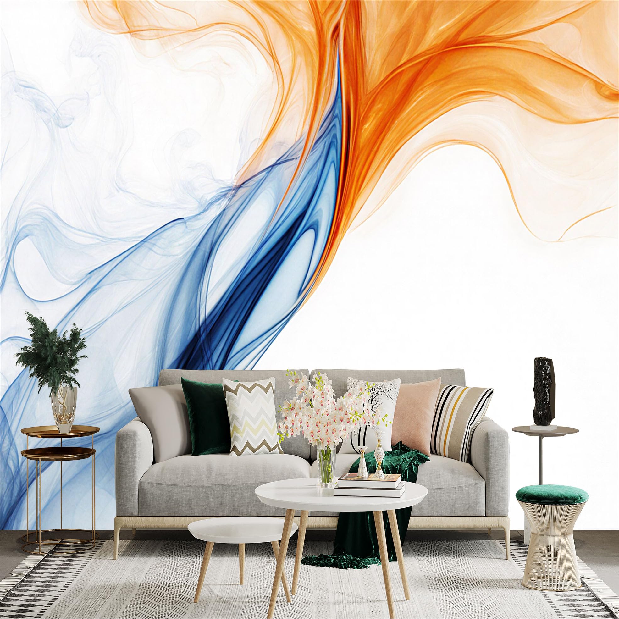 Custom Size Wall Sticker Mural， Abstract Blue and Orange Flowing Silk Texture， Dynamic Swirl Art， Modern Minimalist Design， for wall Decoration， peelandstick wall Decals.