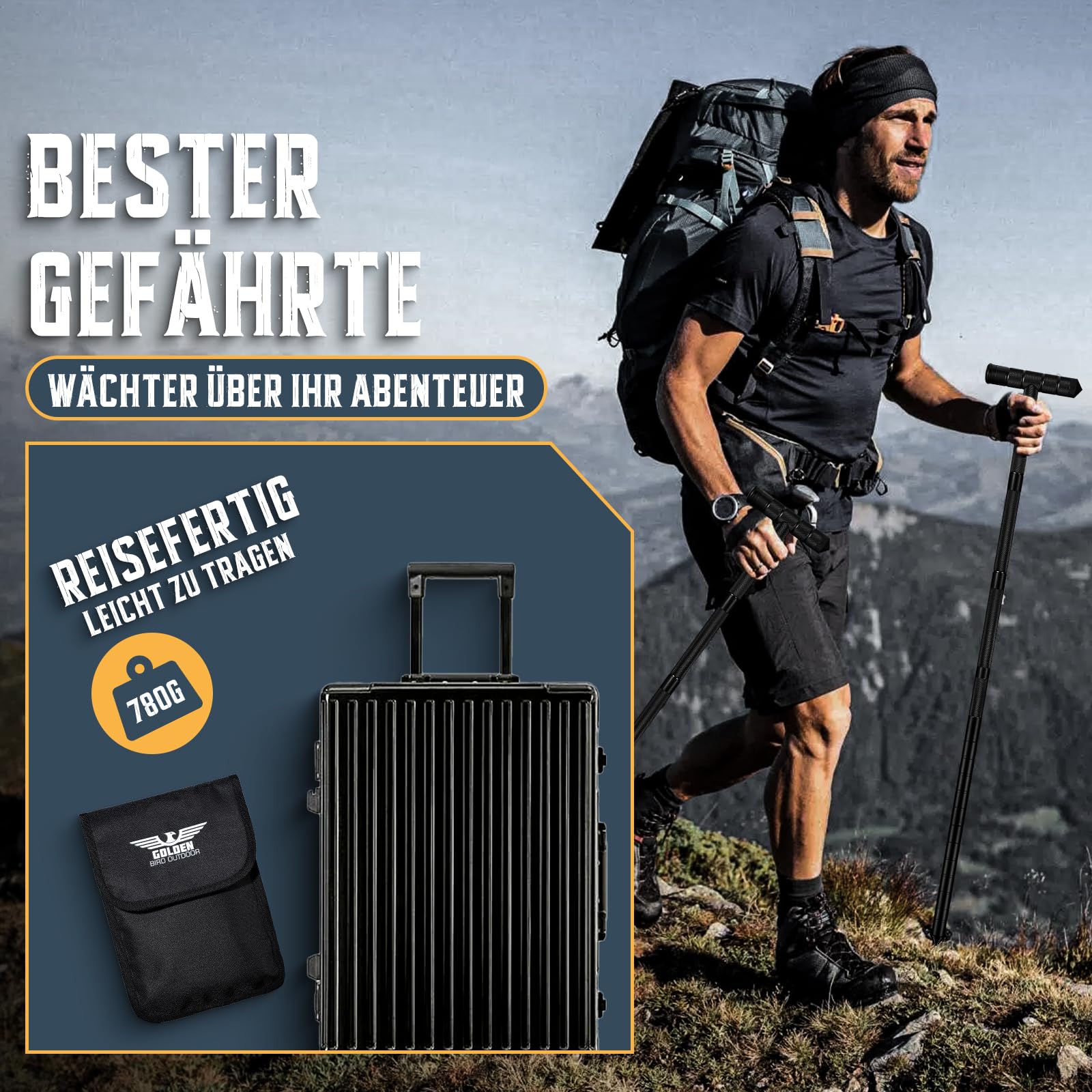 Golden Bird Wanderstöcke 13 in 1 Multifunktionale Wanderstock Trekkingstöcke Survival Verstellbare Aluminium Walking Stöcke mit Messer im Griff für Outdoor Camping Wandern Schwarz Geschenke für Männer