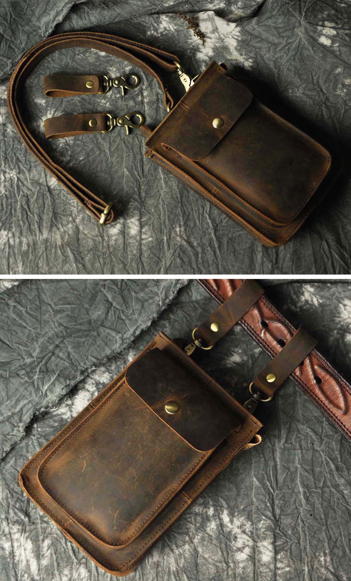 Le'aokuu Sacs en Cuir Véritable Hommes Taille Ceinture Messager Poche équitation Vélo Voyage Sac à bandoulière (021 A Marron)