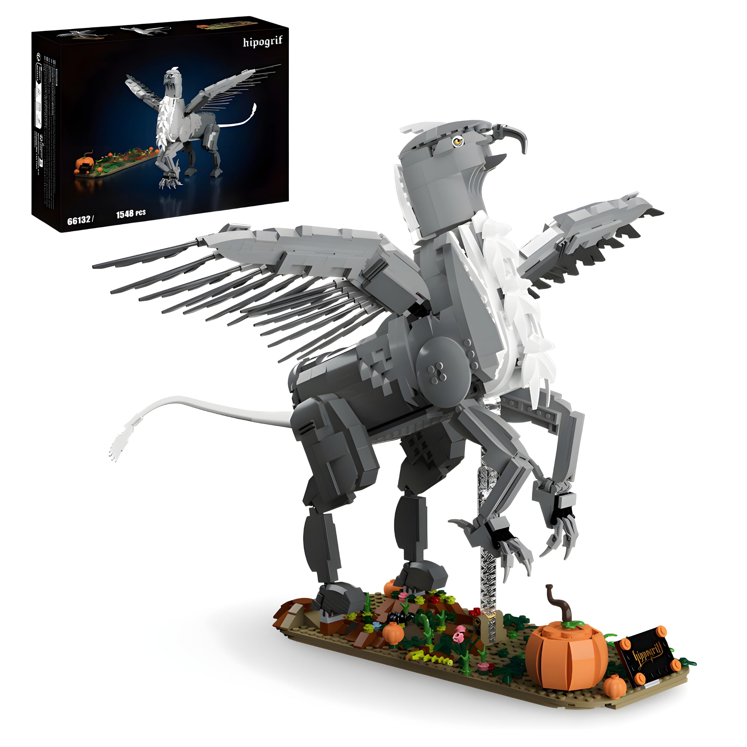 Cbmesmeric Autumn Hippogriff Griffin Building Blocks Set, 1548 PCS Eagle Head Horse Model Toys with Pumpkin Floral Base, Mythical Animals Bricks Kit, Fantasy Gift for Adults Teens