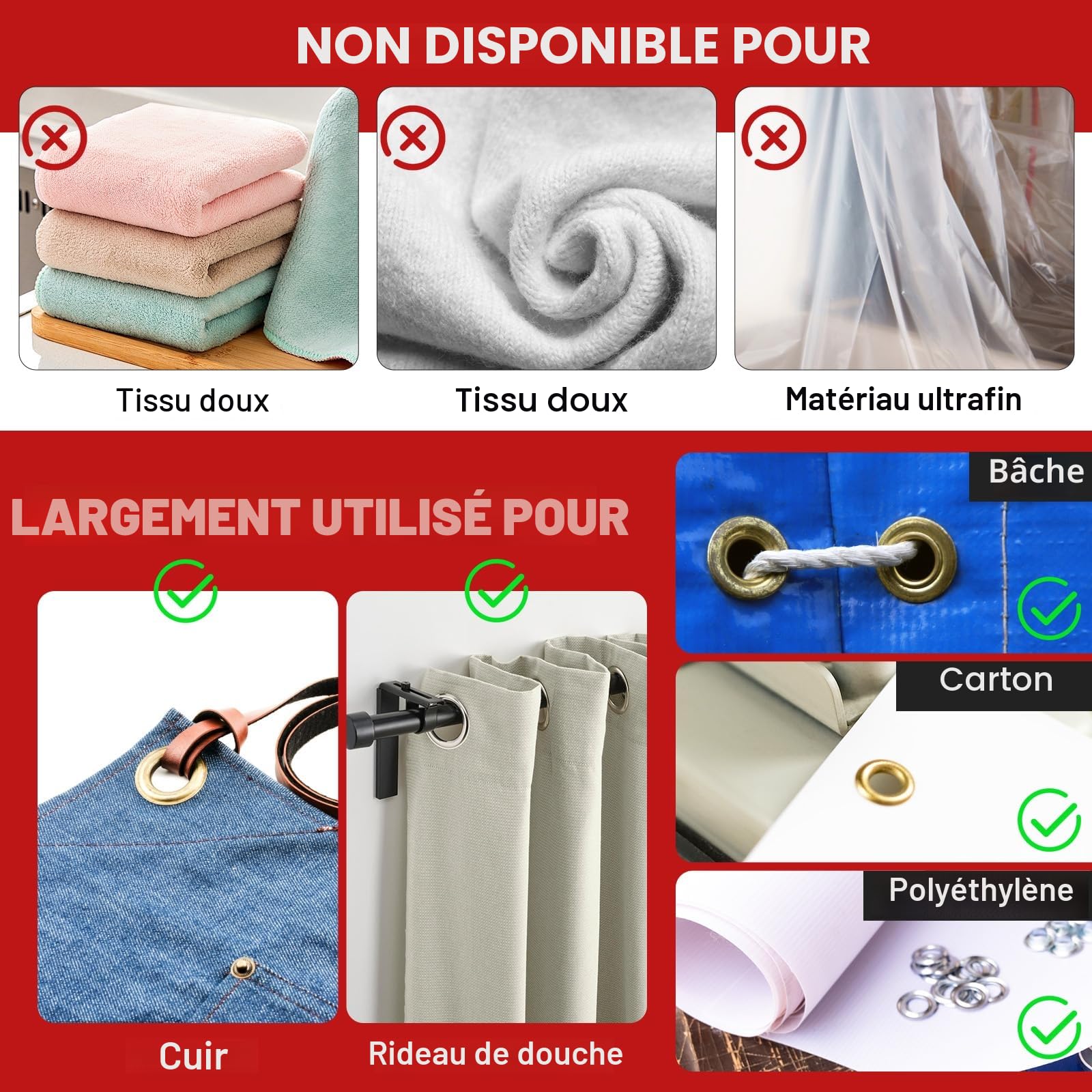 Kit de œillets avec poinçons de 6 mm et 10 mm, 500 pièces d'œillets en métal, ensemble d'outils de presse à rivets à pinces à œillets très résistant pour bâches, artisanat en cuir, tissus