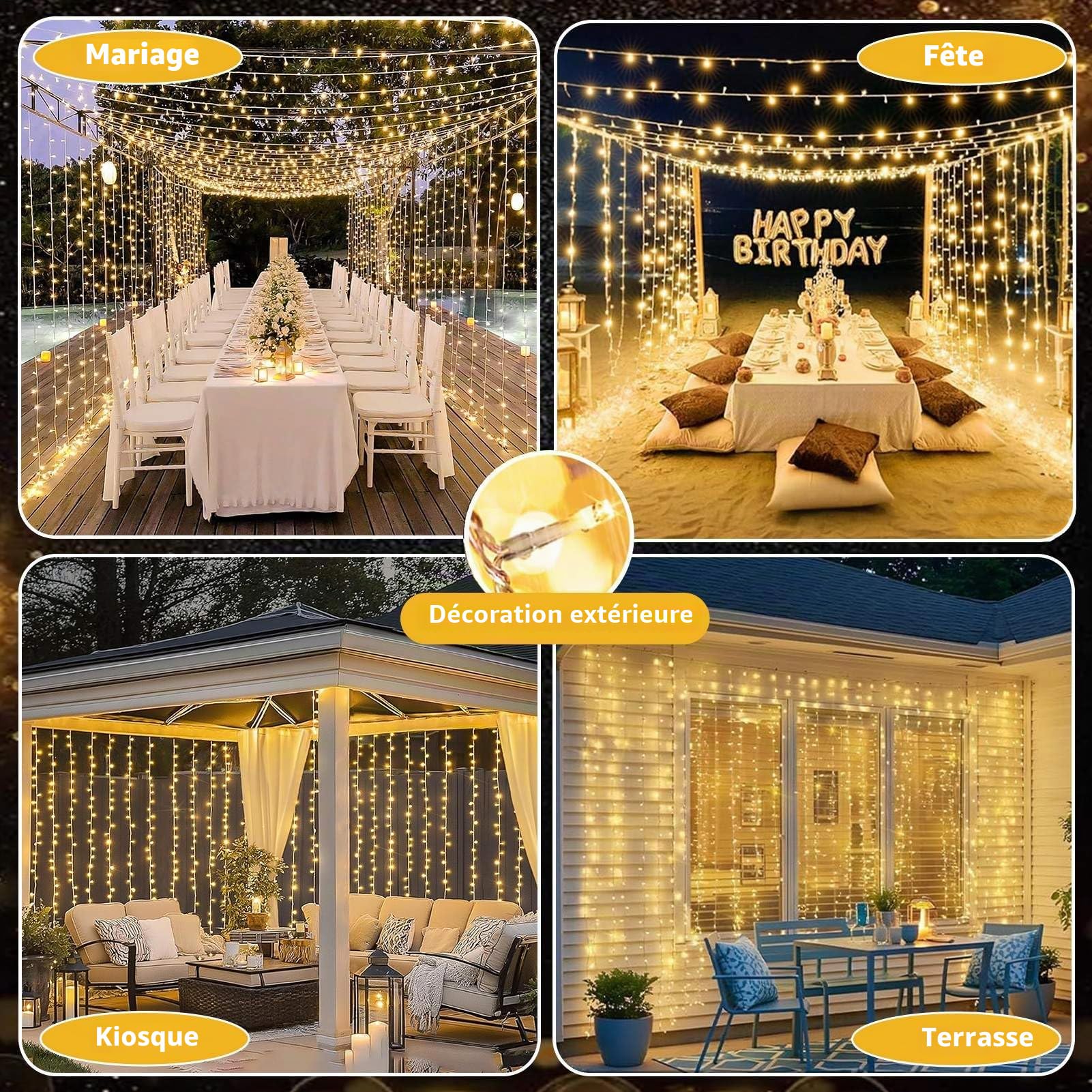 Joycome Rideau Lumineux, 6x3m 600 LED Guirlande Rideau Lumineuse Alimenta Secteur, 8 Modes Guirlande Lumineuse Pour Interieur Exterieure Murale Chambre Plafond Balcon Mariage Décoration - Blanc Chaud