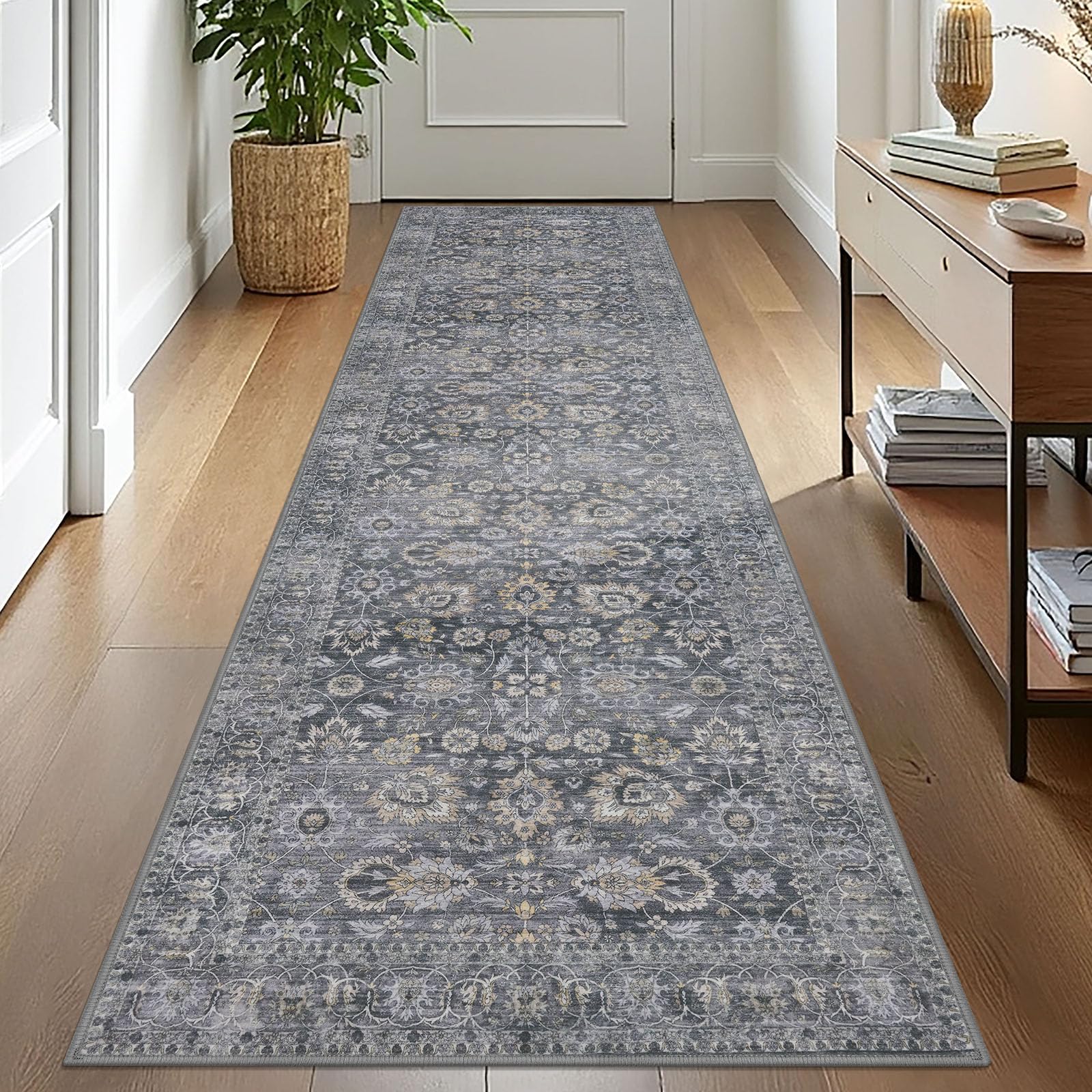 KOZYFLY Vintage Floral Washable Runner Rug 2.6x10 Grey — image 1
