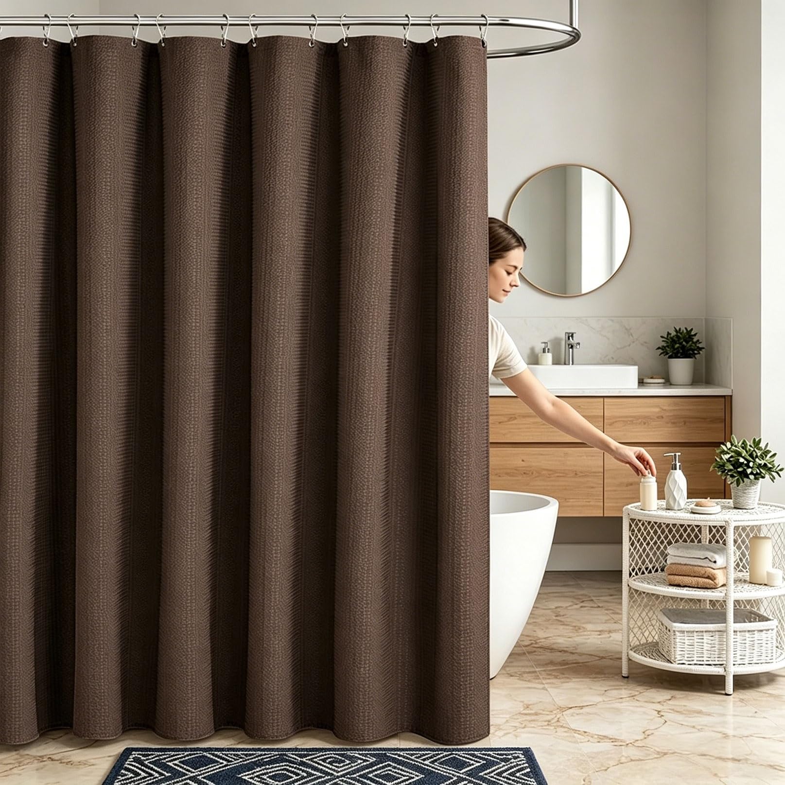 RCYONGQ Shower Curtain for Bathroom Mould and Mildew Resistant, Polyester, Waffle Bathtub Curtains Includes 12 Pcs Curtain Hooks, Quick-Drying, 230g/㎡ for Bathroom Wet Room Tub(Brown,180x180cm)