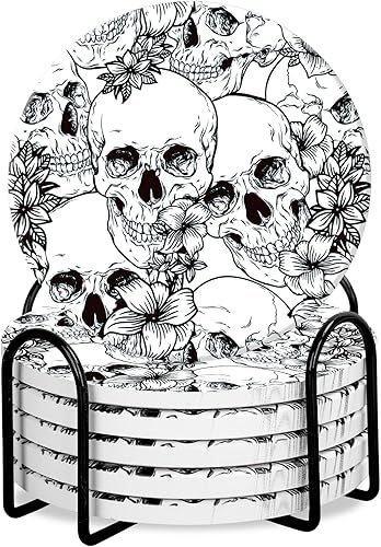 Miniatura 1 de Whaline 6 posavasos de cerámica de Halloween con soporte de hierro, diseño floral de calavera, tapete absorbente para taza, taza, hogar, cocina,