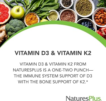NaturesPlus Vitamins D3 (1000 IU) & K2 (100 mcg) - Vegetarian, Gluten Free - 90 Capsules, 90 Servings