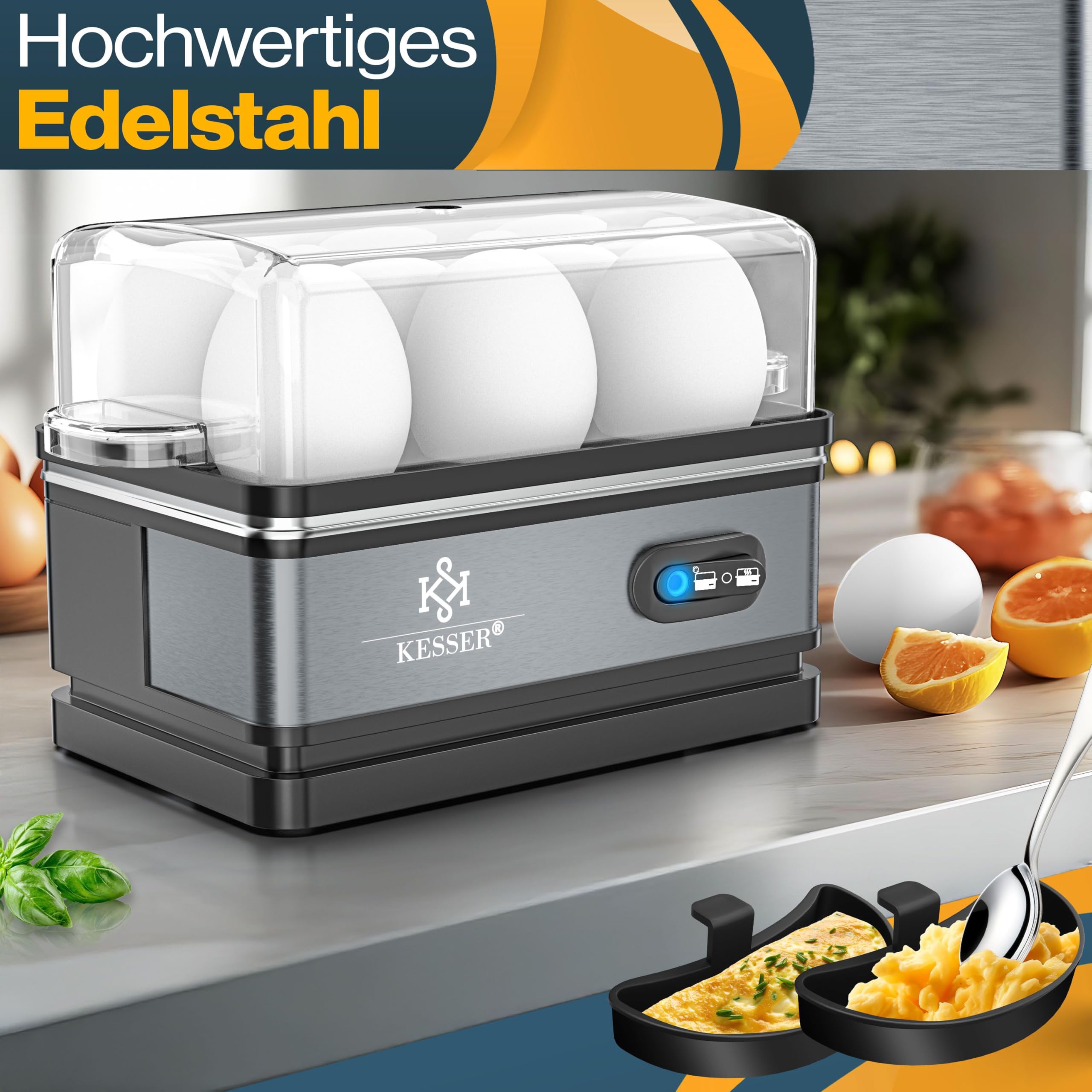 KESSER® Eierkocher für 1 bis 6 Eier elektrisch aus Edelstahl 400W & Warmhaltefunktion | Kipp-Funktionsschalter drei Härtegrade | BPA-Frei & Spülmaschinenfest | Messbecher & 2x Omlettschalen, Anthrazit