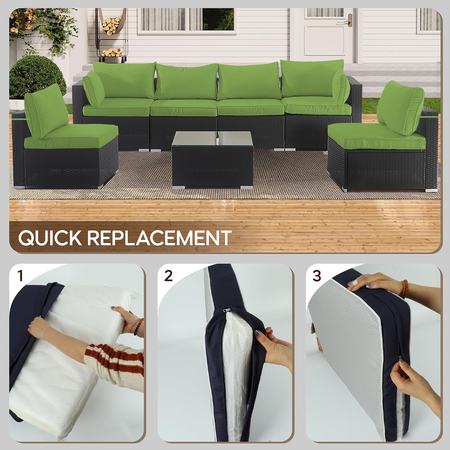 14-Piece Cushion Cover Set for 6-Seater Rattan Sofa Outdoor Patio Furniture Seat & Back Slipcovers with Zipper Khaki Green Polyester Fabric