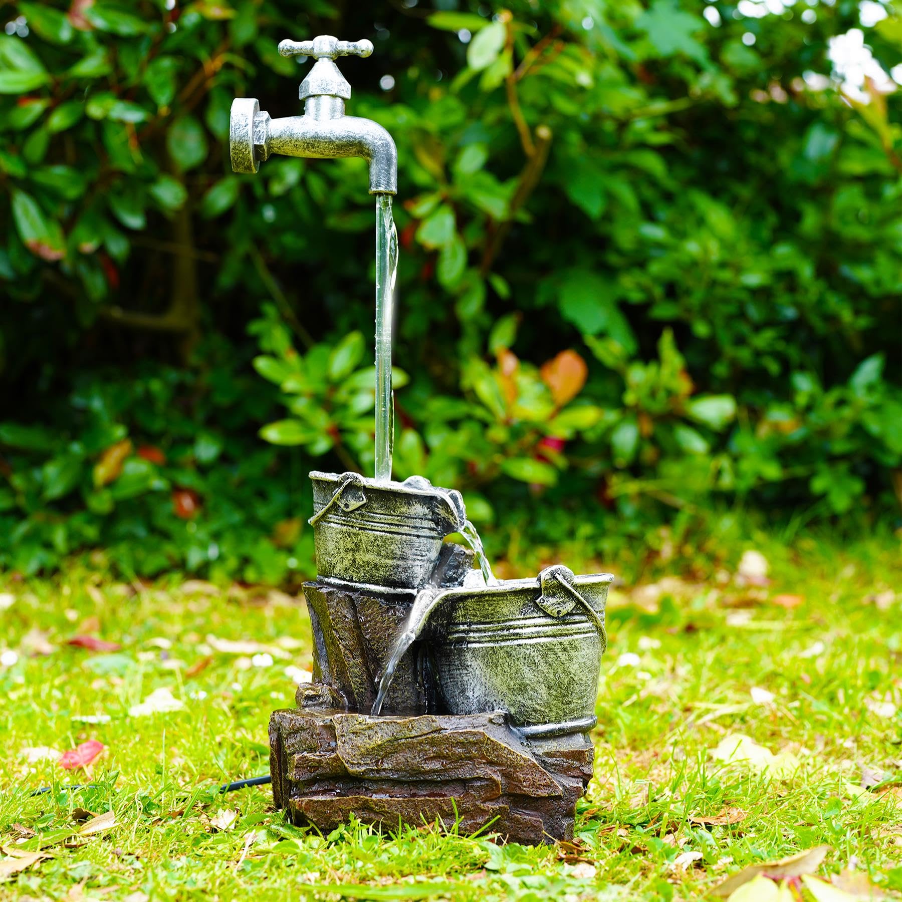 GEEZY Garden Water Feature – Tap Fountain with LED Lights – Mains Powered, Self-Contained, Indoor & Outdoor – Easy Setup, Relaxing & Cascading – Great for Garden, Home, Patio & Balcony Decor