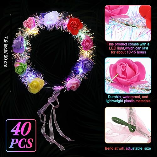 Miniatura 9 de Juego de 40 piezas de corona de diadema de flores LED, corona de flores iluminada, corona de flores brillantes para mujeres y niñas (estilo girasol)