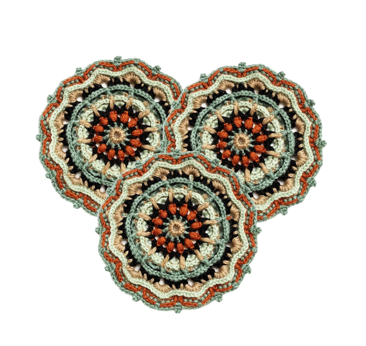Handmade Crochet Coasters, Set of 3, Mandala Design (Dunhuang color1)