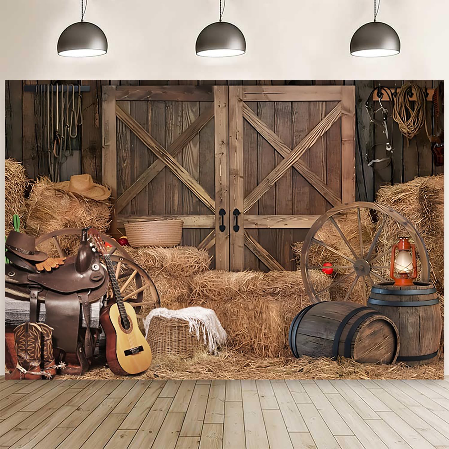 10x6.5ft Western Cowboy Backdrop Wild West Rodeo Rustic Wooden House Barn Door Background Haystack Hat Boots Barrel Guitar Banner Western Boy Music