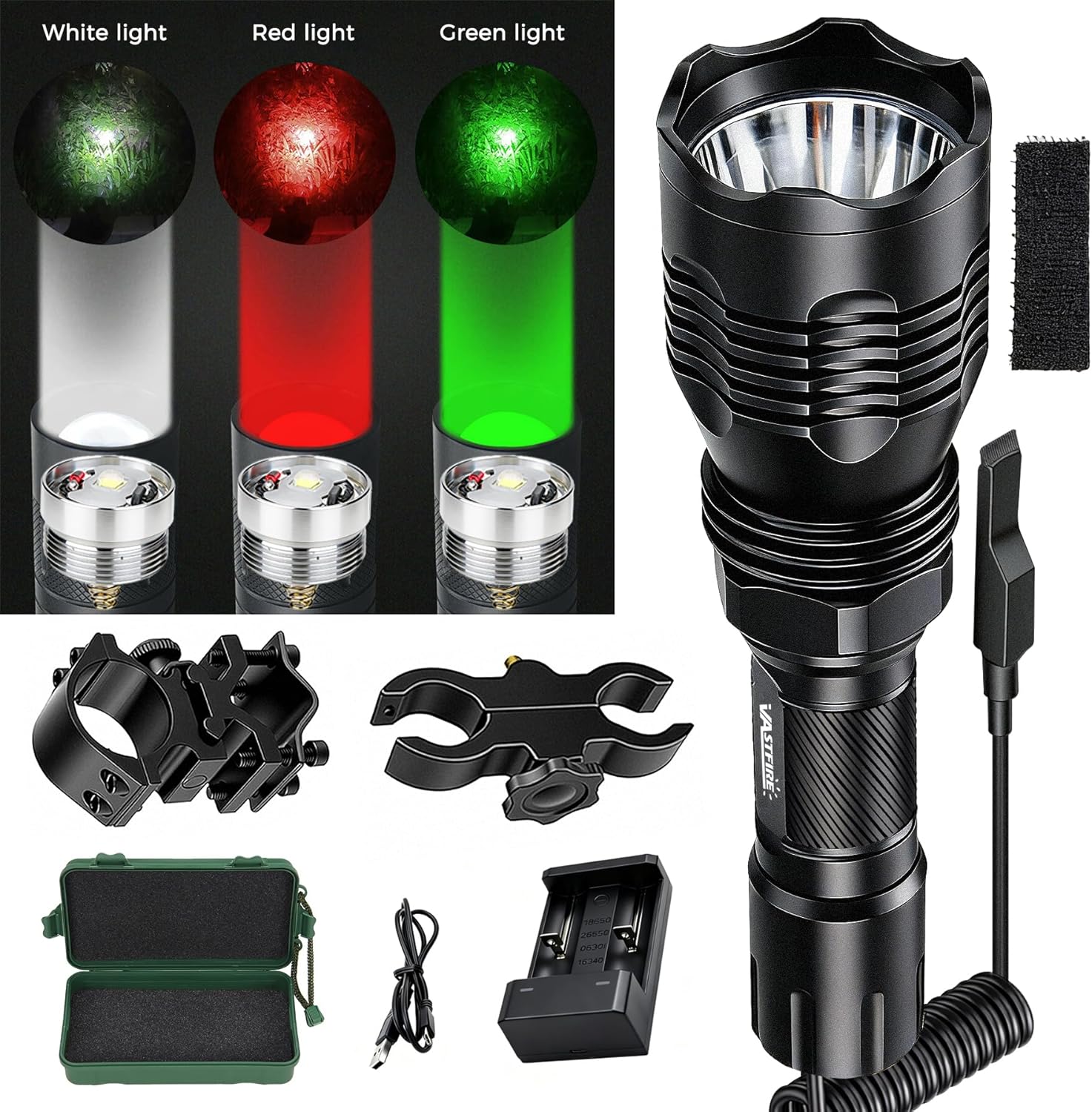 VASTFIRE Predator Light with Interchangeable (Red, Green, White) LED Hunting Flashlight with Scope Mount for Hog Coyote Coon Bobcat Raccoon Varmint Rabbit Night Hunting