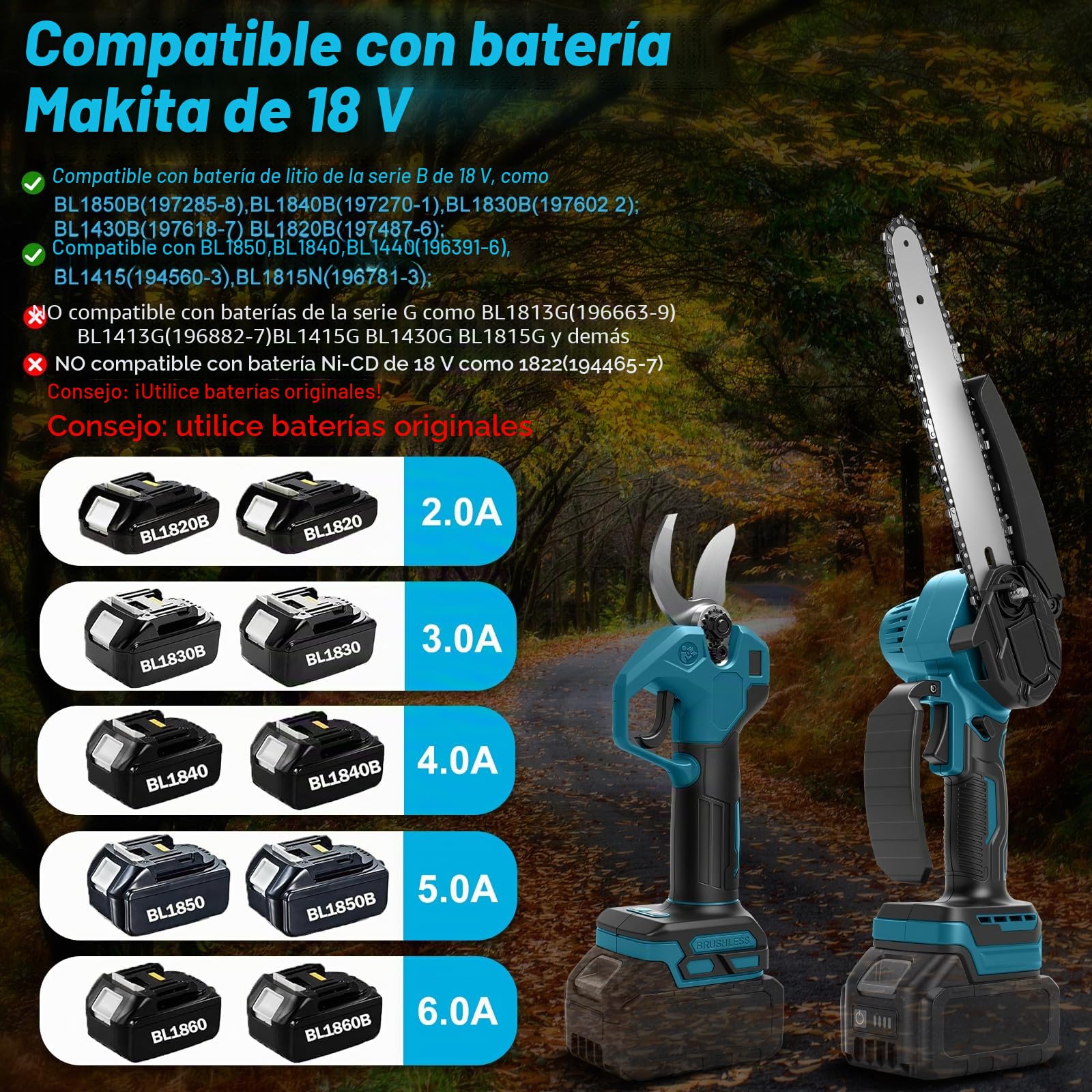 Mini motosierra de 8 pulgadas con barra telescópica y tijeras de podar eléctricas de 28 mm, juego de herramientas de jardín 4 en 1 compatible con batería Makita, alcance máx de hasta 4 m (Sin batería)