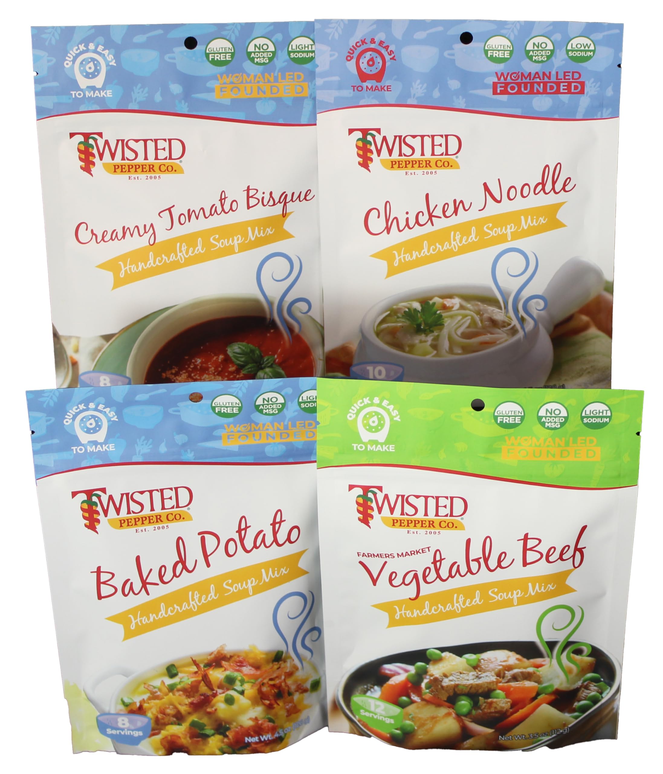 Twisted Pepper Co. Comfort Soup Mixes Variety 4 Pack, Baked Potato, Chicken Noodle, Creamy Tomato Bisque, Vegetable Beef, Gluten Free, No Added MSG, Low & Light Sodium. Easy to make, delectable soup is ready in 30 minutes or less.
