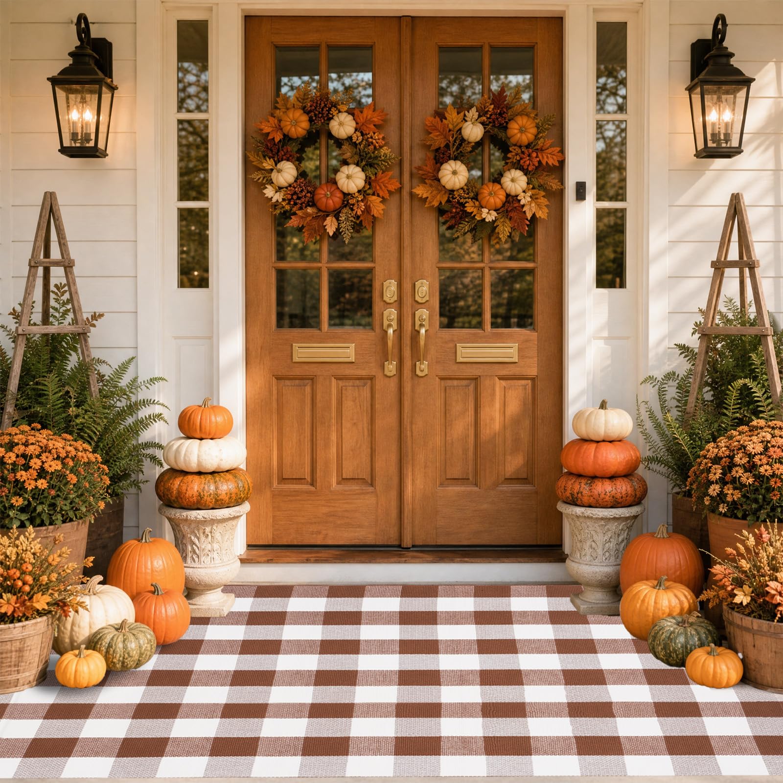 Buffalo Plaid Area Rug 5x7 Ft, Brown White Indoor Outdoor Rug
