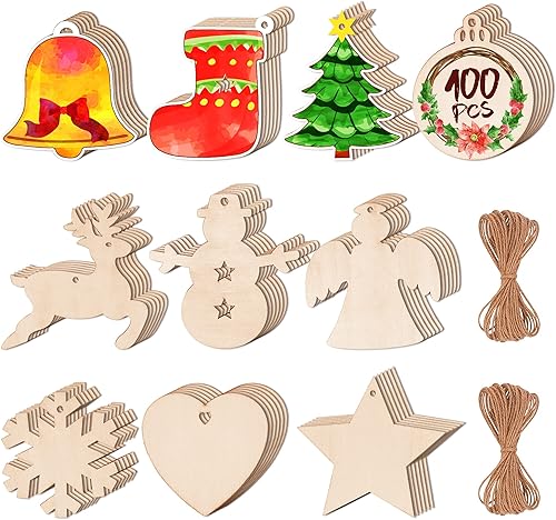 Max Fun 100 adornos de Navidad de madera para manualidades, círculos de madera preperforados sin terminar para manualidades, centros de mesa,