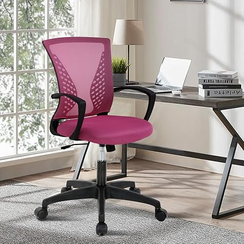 Silla de oficina de malla con ruedas, silla de escritorio ergonómica de respaldo medio con brazos y soporte lumbar, cómoda silla de computadora,