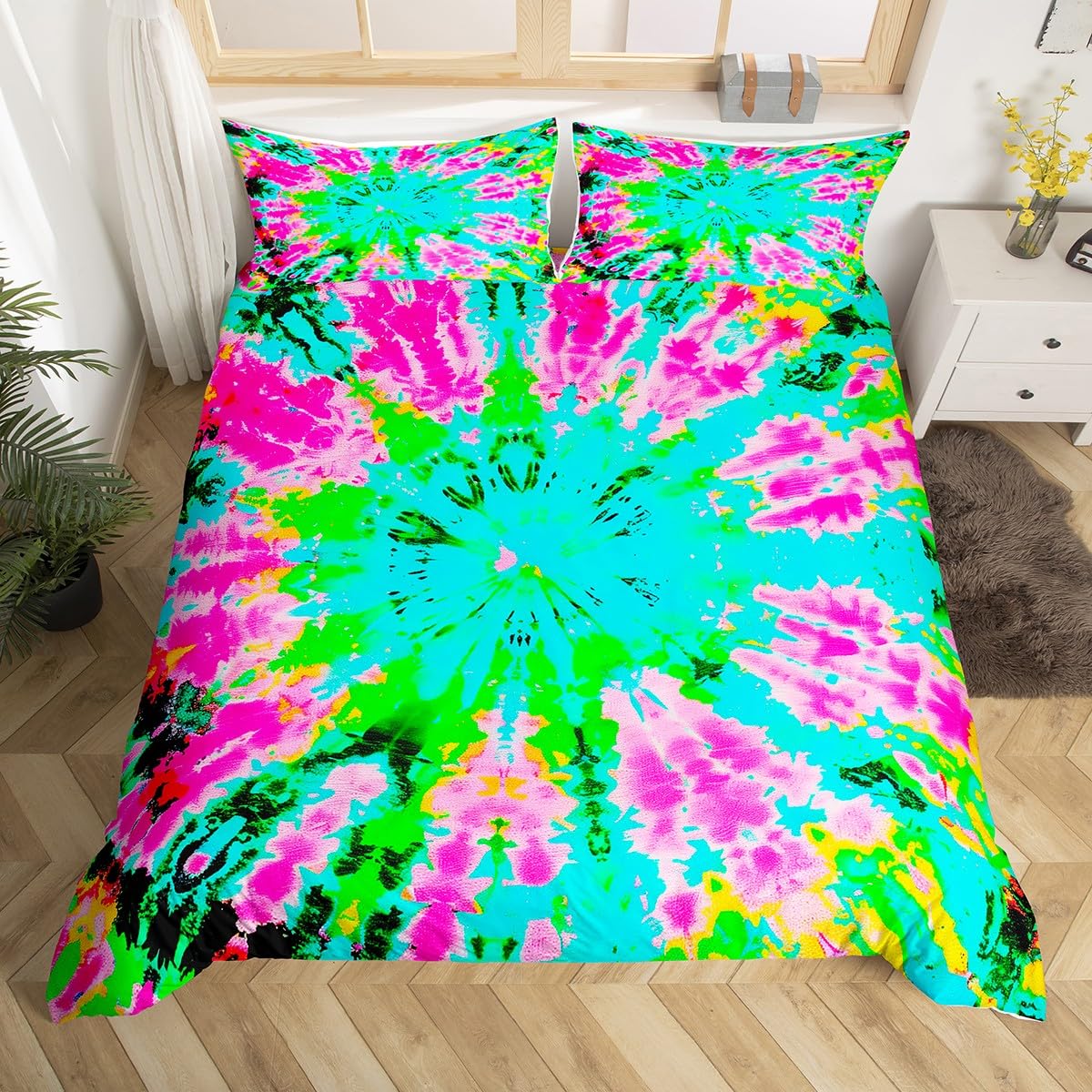 Homewish Blue Tie Dye Duvet Cover King for Kids Teens Adults,Green Pink Spiral Quilt Cover,Boho Hippie Bedding Set,Abstract Art Bed Set with 2 Pillowcases Bedroom Decor