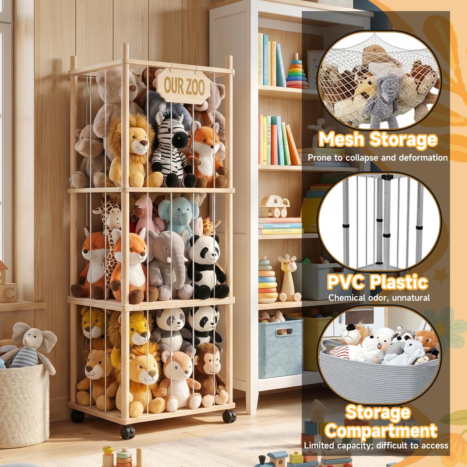 Caja de almacenamiento de animales de peluche de madera, 146 cm, con ruedas, 3 niveles, almacenamiento de peluche, organizador para habitación de los niños, estantería de zoológico de peluche, incluye