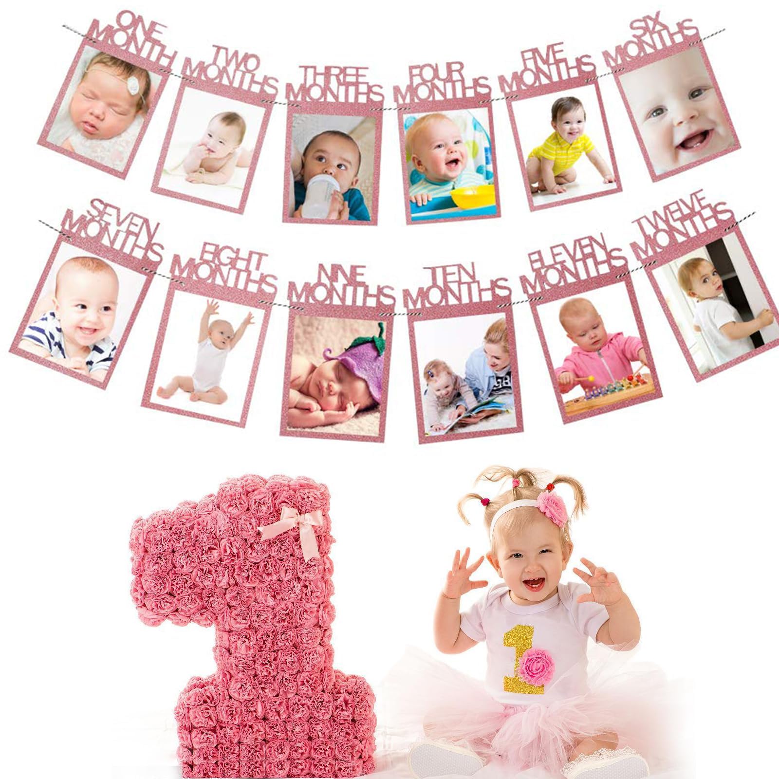 1st Birthday Decorations for Girls Boys - 1st Birthday Photo Banner Party Decor Photo Bunting Garland for Newborn 1 to 12 Months