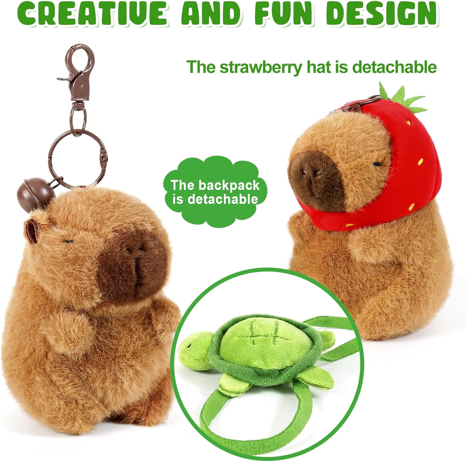 Ditucu 2 Pcs Capybara Plush Keychain Toys Kawaii Strawberry Turtle Capibara Stuffed Animal Dolls Pendant for Backpack Decoration Gift for Kids - Image 7