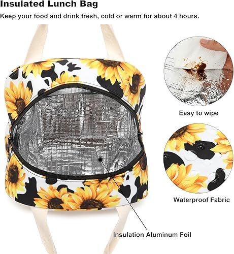Miniatura 4 de Bolsa de almuerzo aislada con estampado de vaca y girasol para mujeres y niñas, lonchera reutilizable, bolsa de picnic para adultos, niños, escuela,