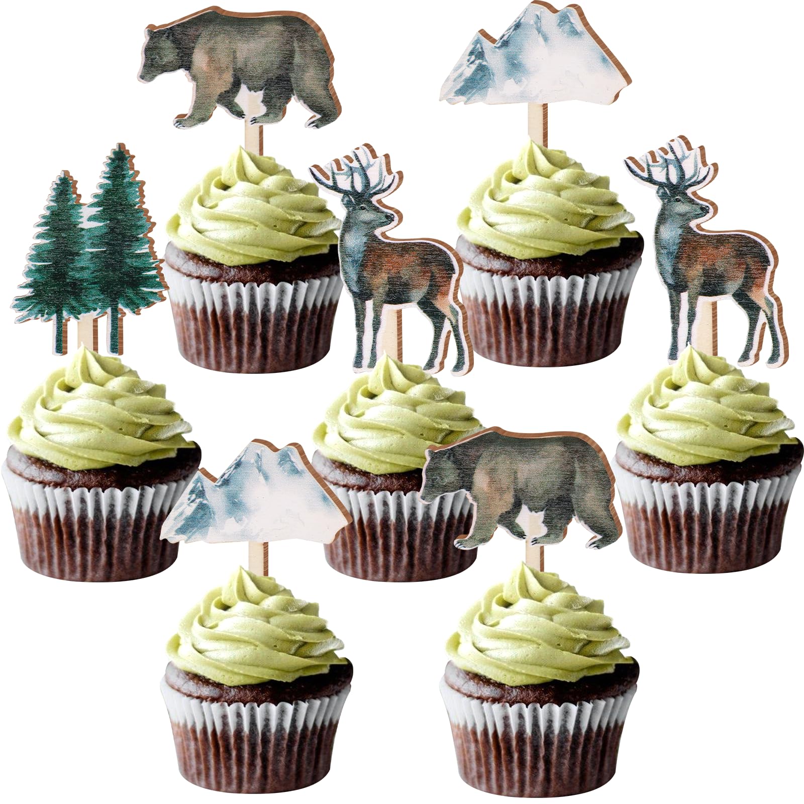 Sursurprise 16PCS Adventure Theme Cupcake Toppers Wooden Forest Mountain Cake Toppers for Adventure Baby Shower Decorations Birthday Party Supplies