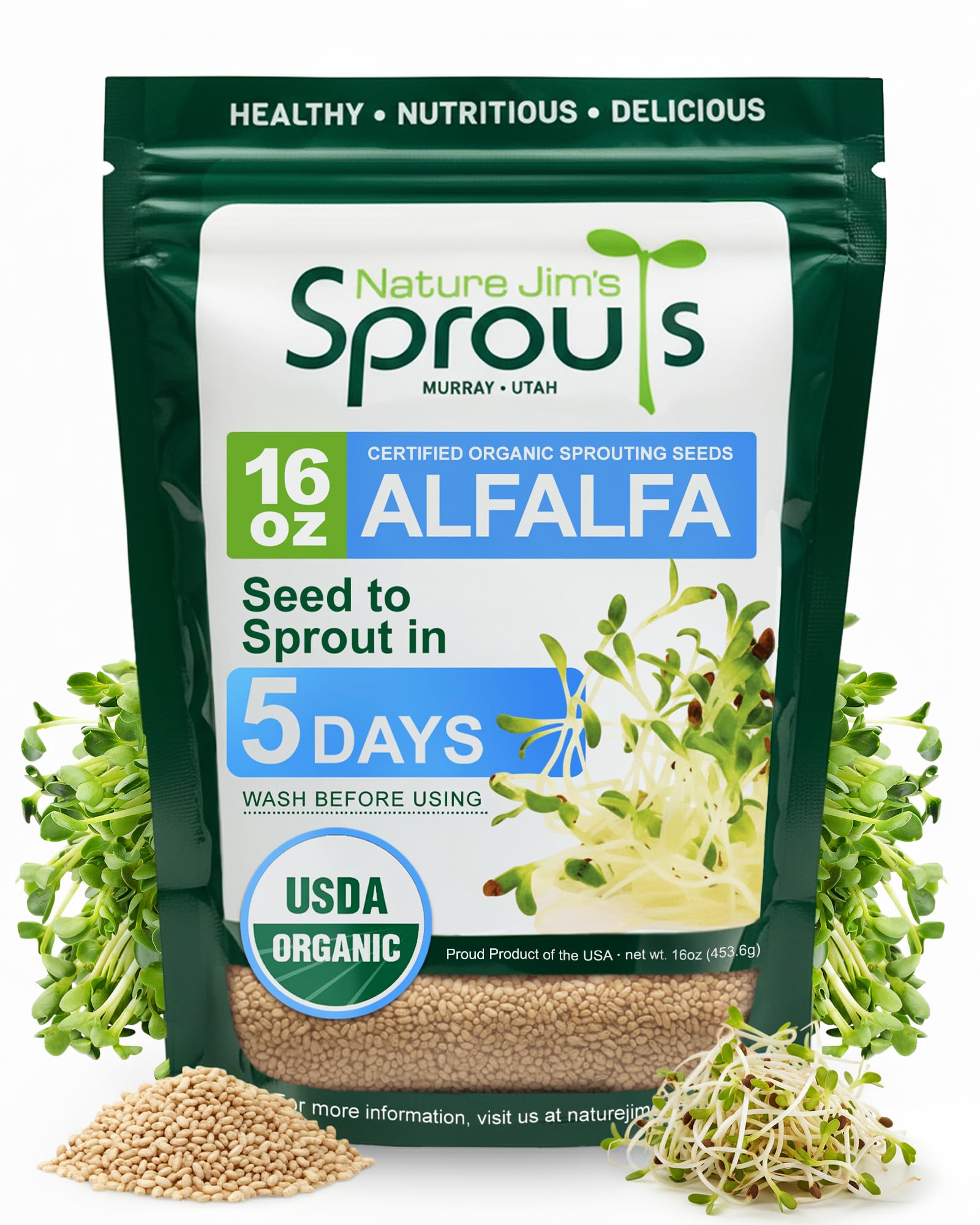Nature Jims Sprouts Alfalfa Seed – 16 Oz Organic Sprouting Seeds – Non-GMO Premium Alfalfa Seeds – Resealable Bag for Longer Freshness – Rich in Vitamins, Minerals, Fiber