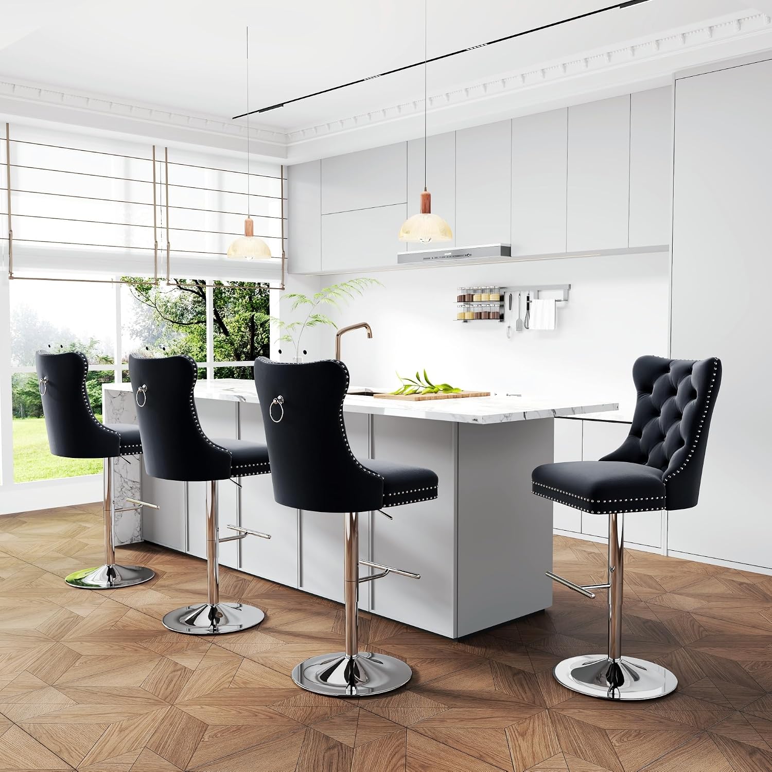 Black Velvet Bar Stools Set of 4 - Adjustable Swivel Counter Height Chairs with Tufted Back Thickened Seat Cushion and Nailhead Trim for Kitchen Island (Black, Silver Metal, 4 Pcs)