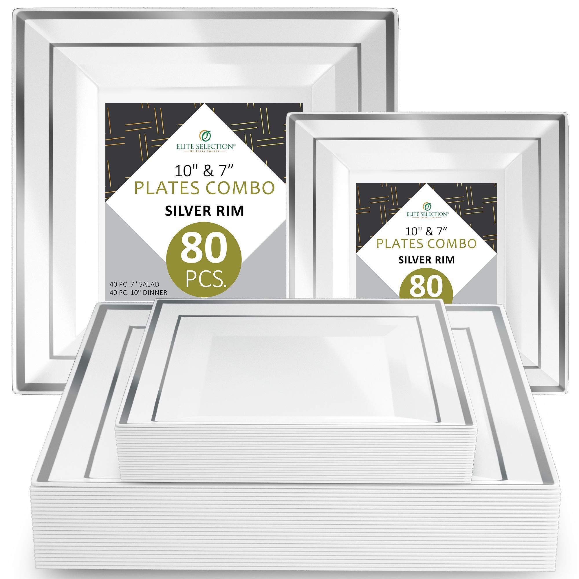 Elite Selection Square Plates Set Of 80 White Party Plastic Plates With Silver Rim Includes 40 Dinner Plates 10 Inch And 40 Salad/Dessert Plates 7 Inch
