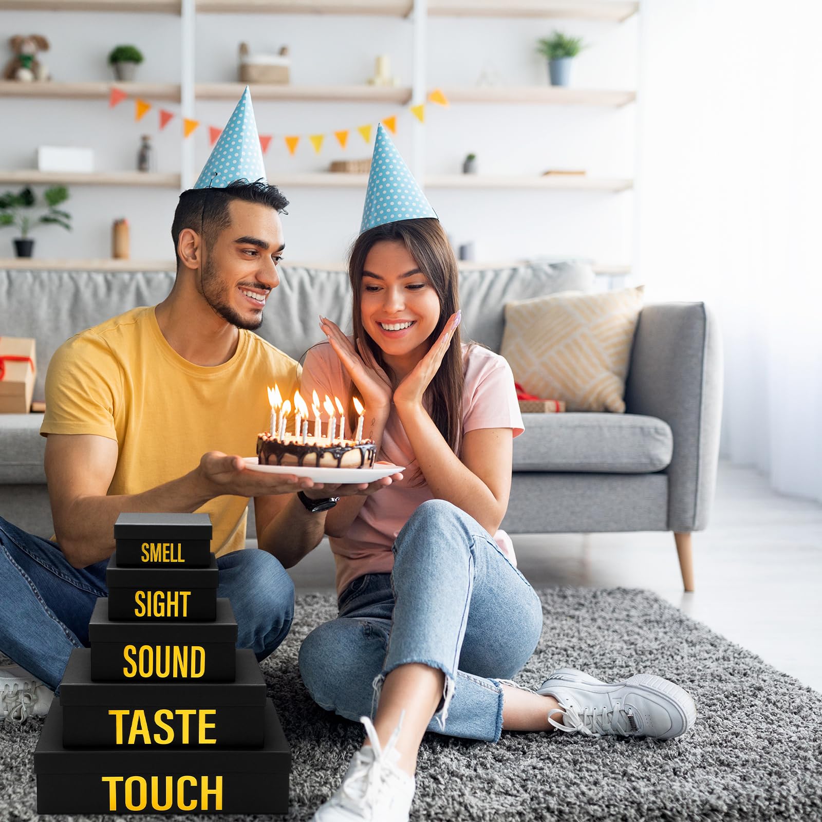 Kolldenn 5 Senses Geschenkboxen für Ihn, große verschachtelte Geschenkbox mit Deckel für Geschenk, Valentinstag, stapelbar, fünf Sinne mit goldenem Wort für Hochzeit, Jahrestag, Geburtstag