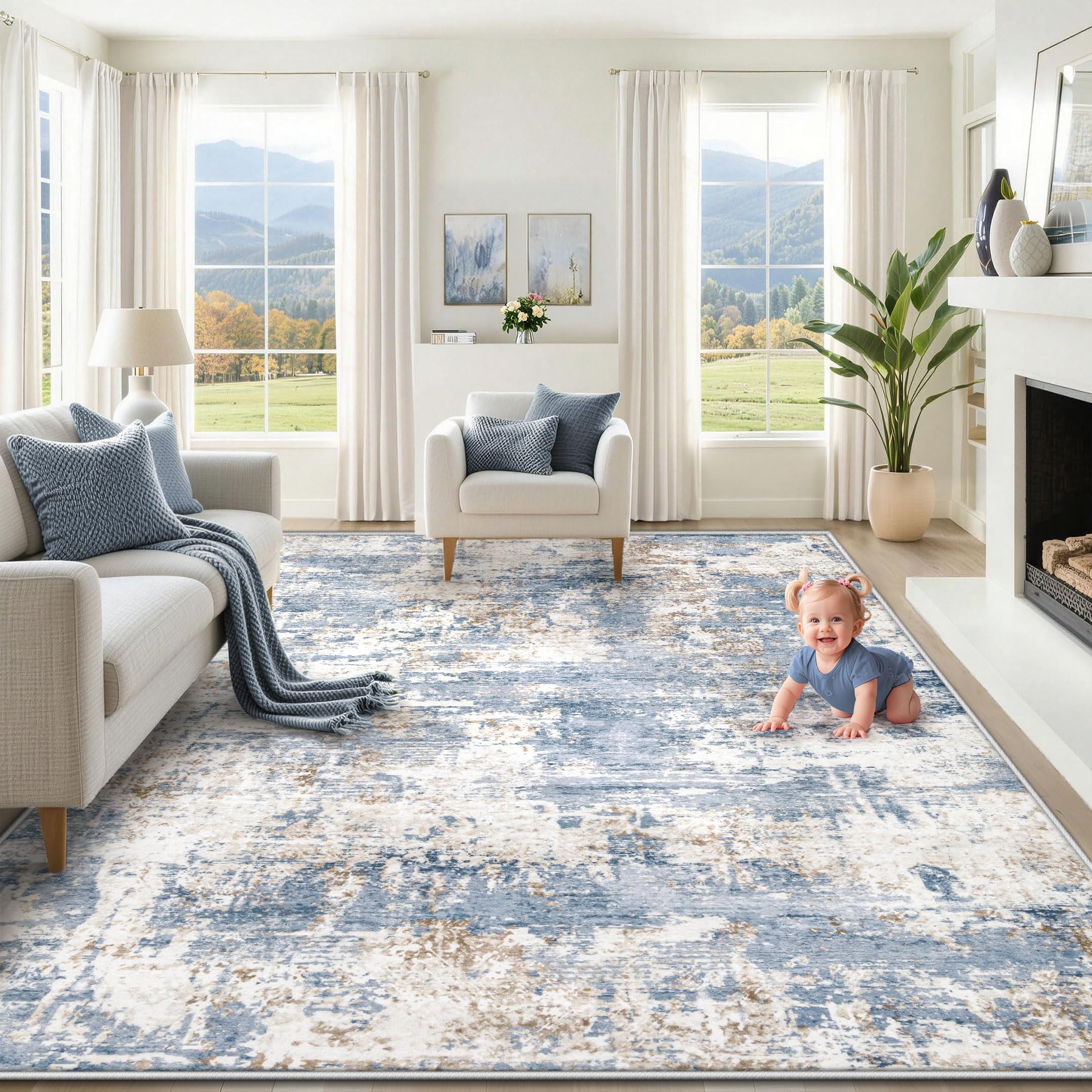 Photo 1 of XLUEZ 9x12 Area Rug for Living Room, Washable Modern Abstract Large Area Rug Neutral Soft Non Slip Kids Rug Stain Resistant Indoor Carpet for Bedroom Dining Room Playroom Office(Blue, 9'x12')