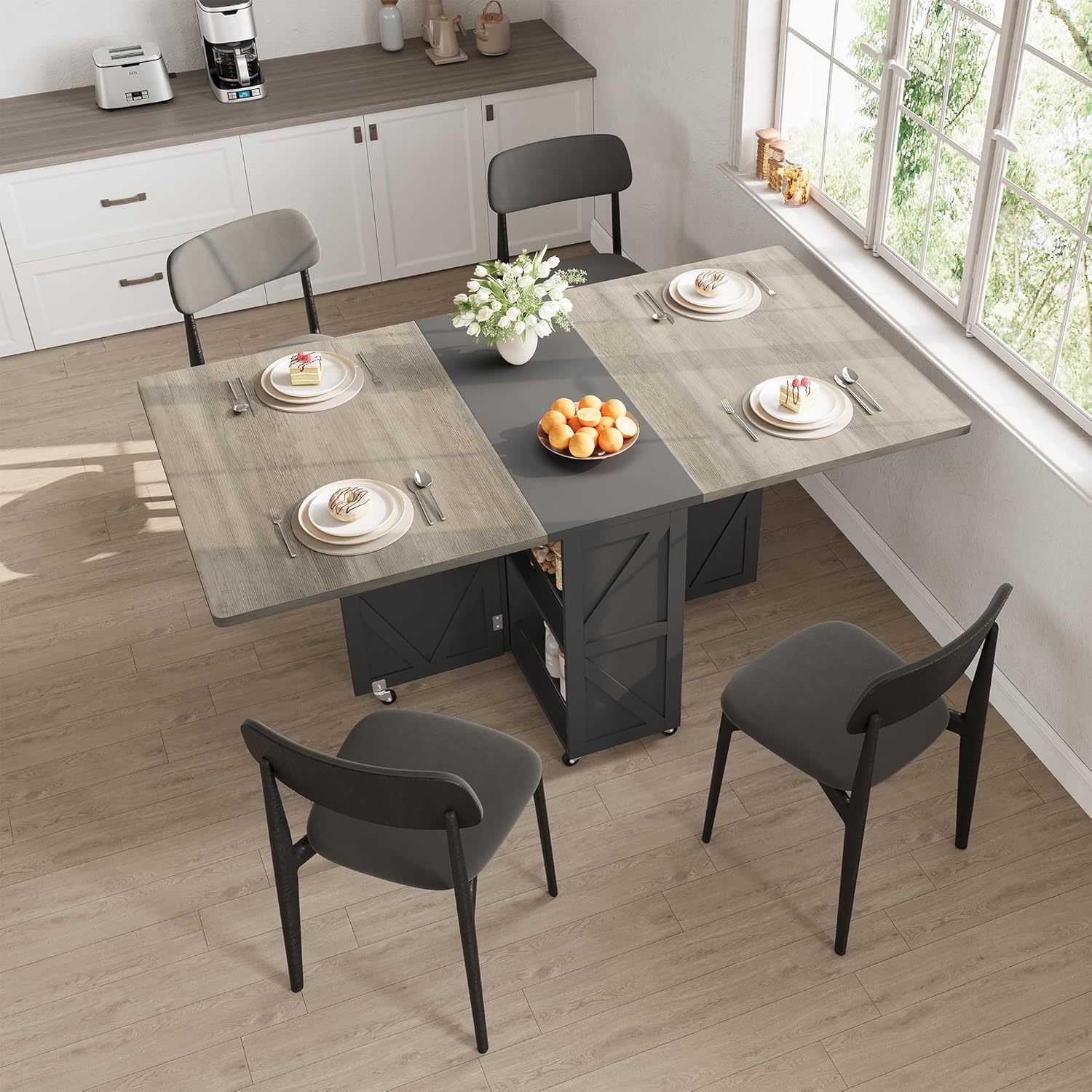 Space Saving Folding Dining Table for 2-4, Farmhouse Foldable Dining Table with Drawer and Storage Shelf, 6 Wheels Drop Leaf Kitchen Dining Room Table for Small Space (Grey, 47.2" x 23.6" x 29.9")
